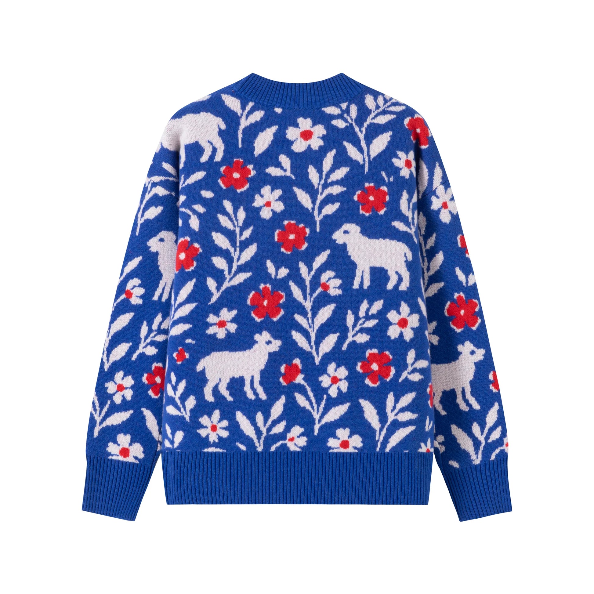 Back flat view of a cobalt blue wool jumper with an all-over jacquard of sheep, flowers and leafy branches.
