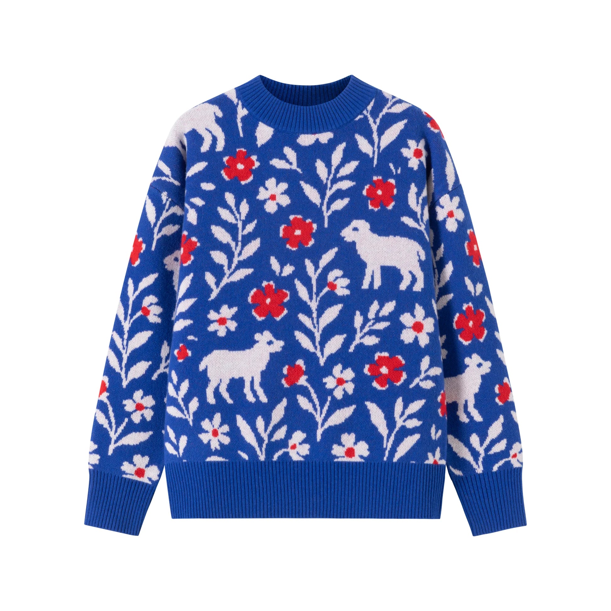 Front flat view of a cobalt blue wool jumper with an all-over jacquard of sheep, flowers and leafy branches.