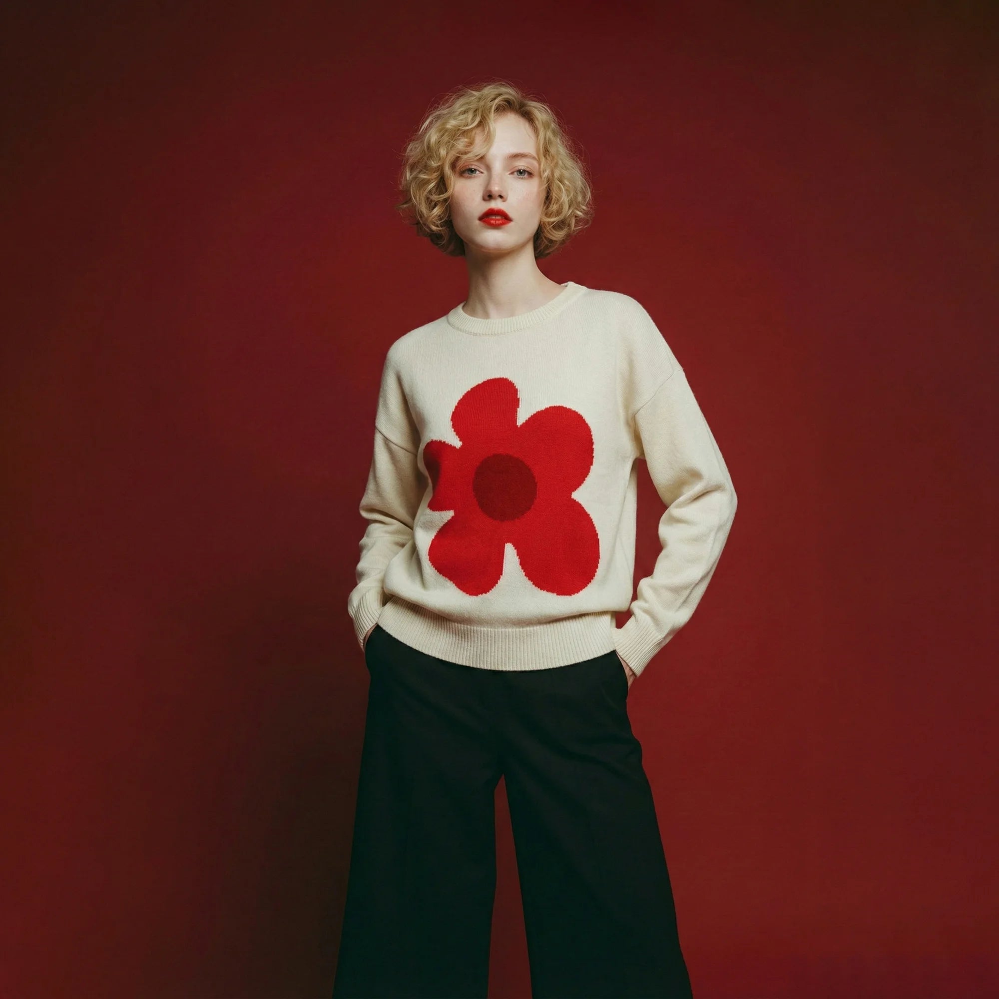 Model wearing an ivory wool jumper with a large red flower motif on the front and a relaxed drop-shoulder fit.