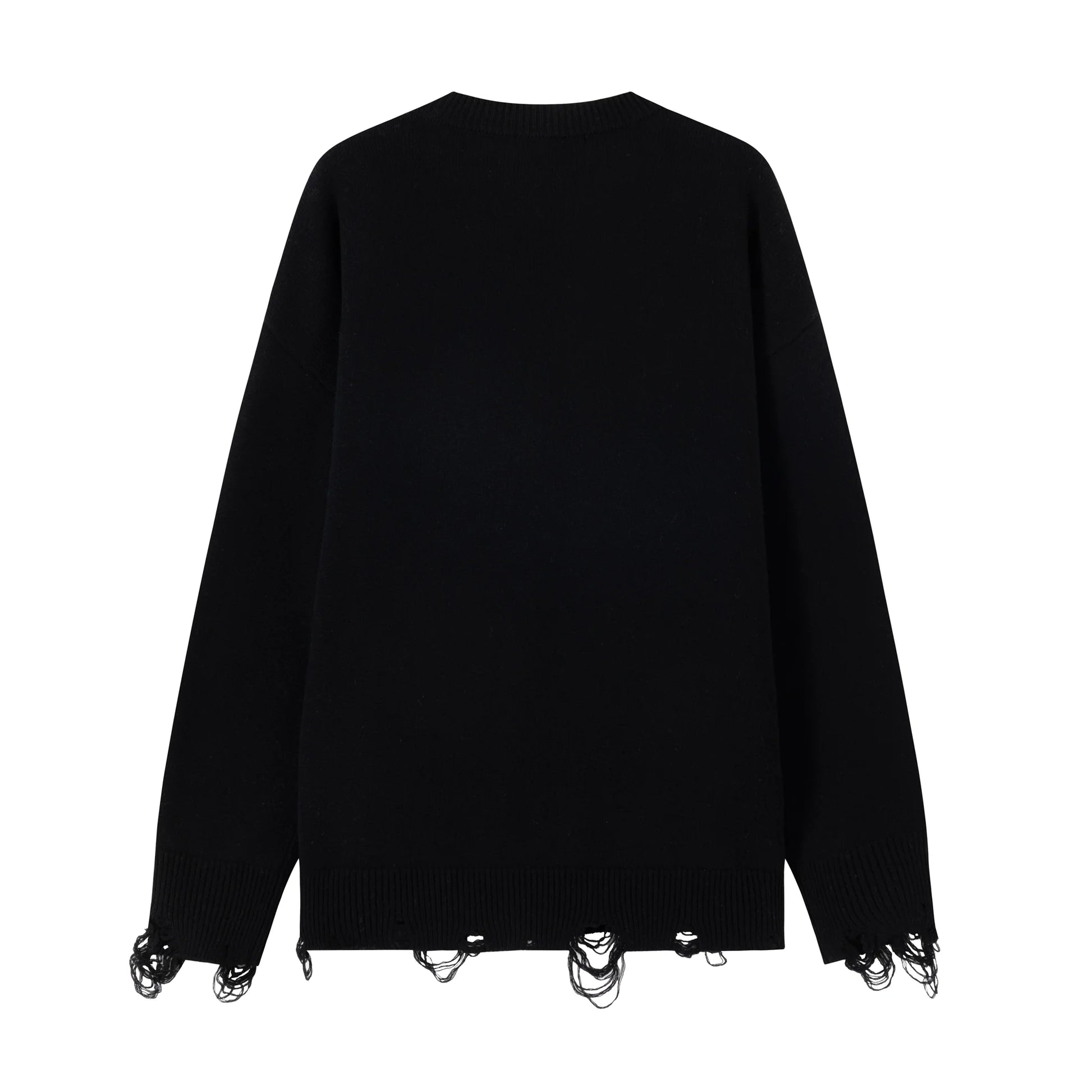 Back flat view of a black cotton and wool blend jumper with a dropped-shoulder silhouette and distressed ribbed hem and cuffs.