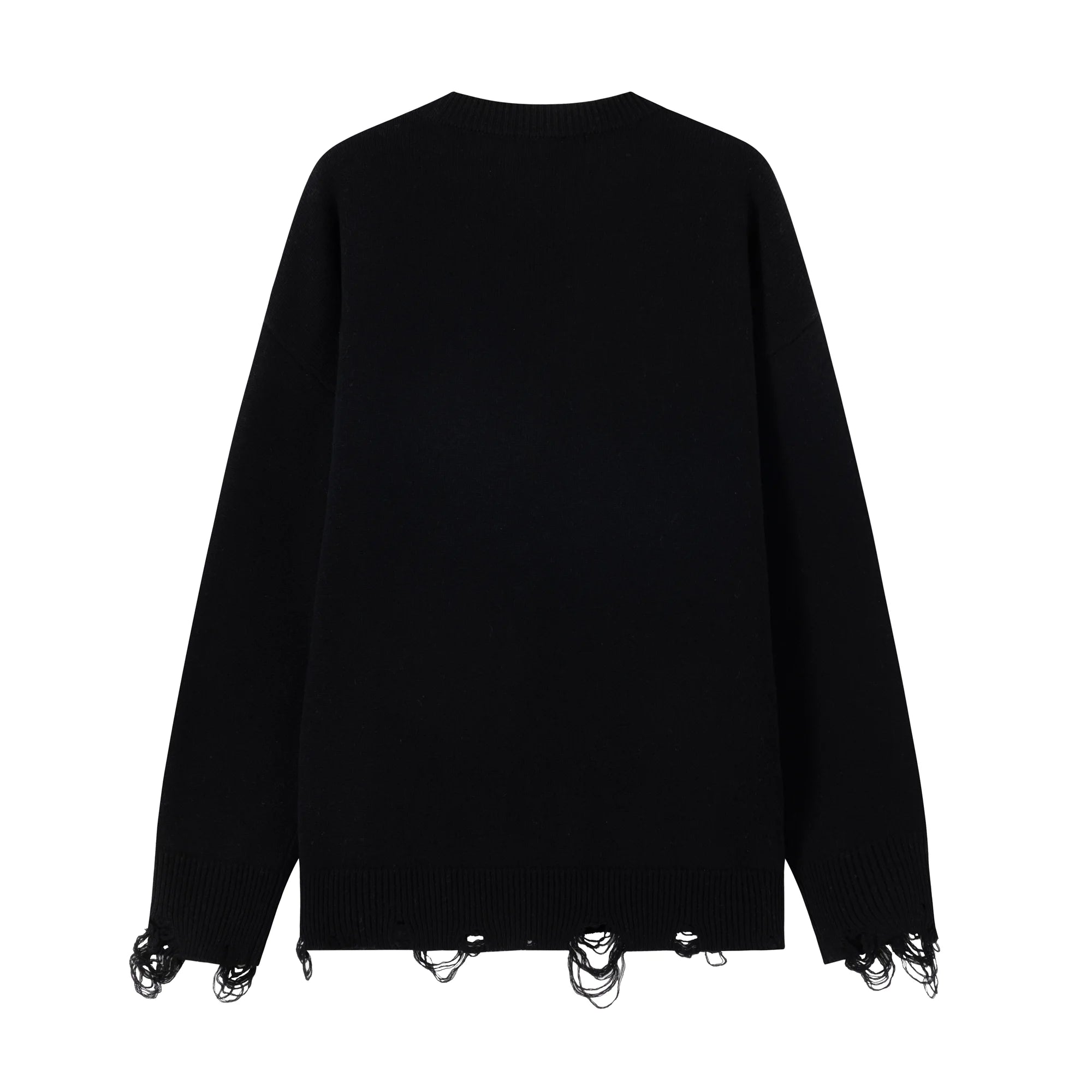 Back flat view of a black cotton and wool blend jumper with a dropped-shoulder silhouette and distressed ribbed hem and cuffs.