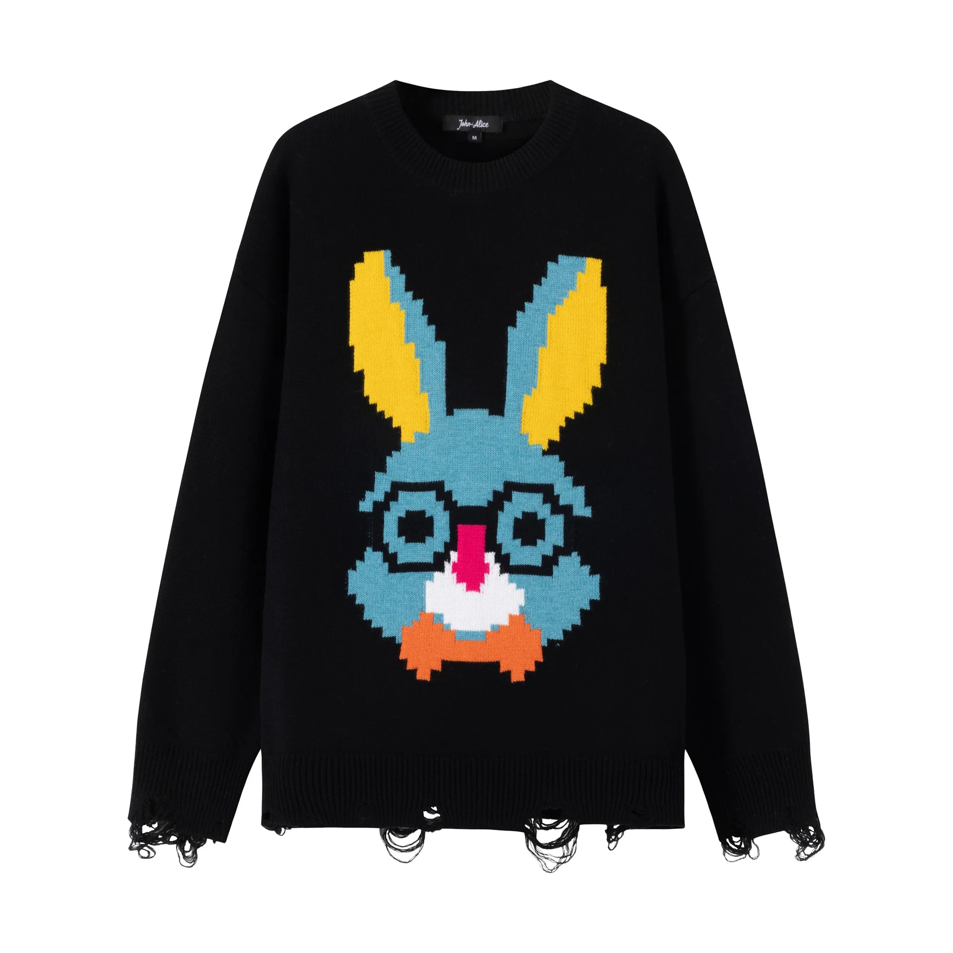 Front flat view of a black cotton and wool blend jumper with a pixel-style rabbit face motif on the front and distressed ribbed hem and cuffs.