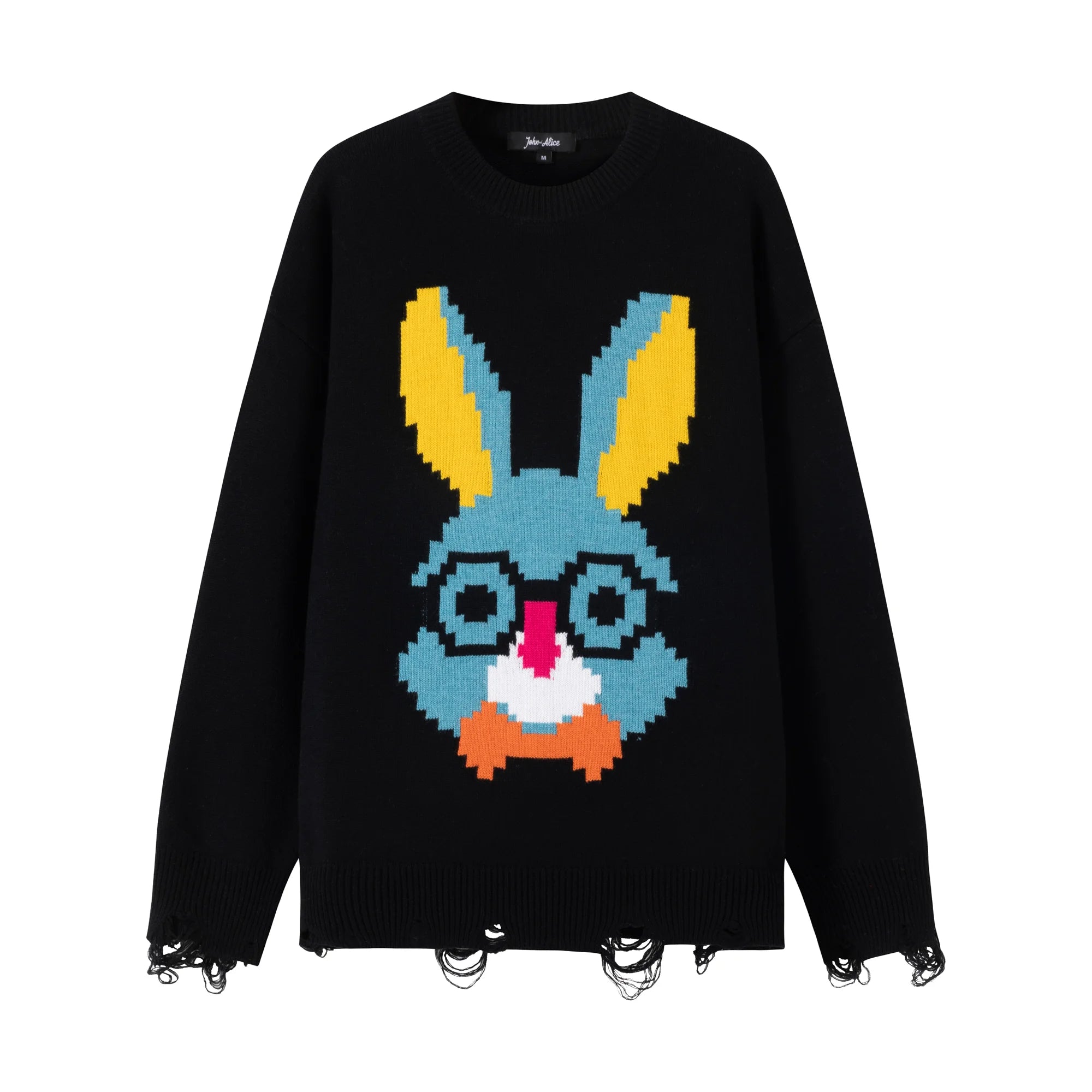 Front flat view of a black cotton and wool blend jumper with a pixel-style rabbit face motif on the front and distressed ribbed hem and cuffs.