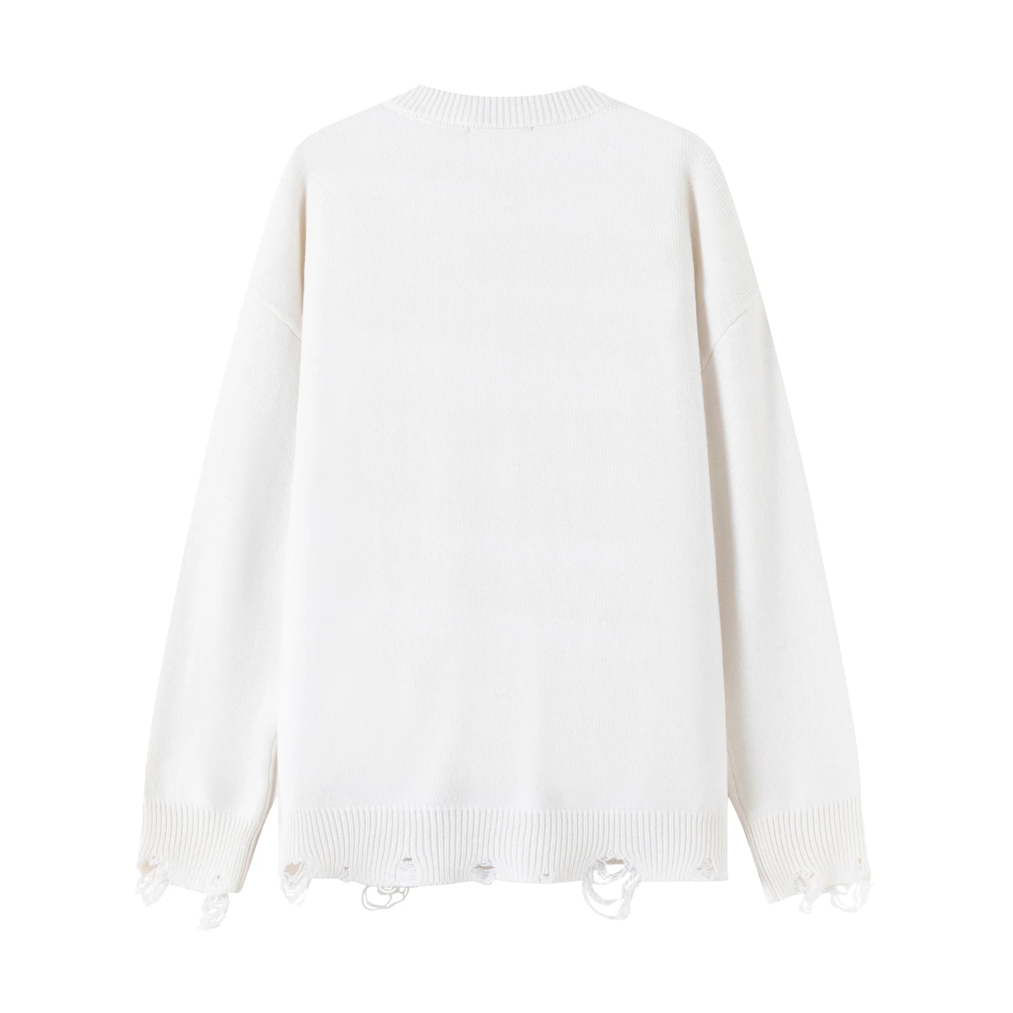 Back flat view of an ivory cotton and wool blend jumper with a dropped-shoulder silhouette and distressed ribbed hem and cuffs.