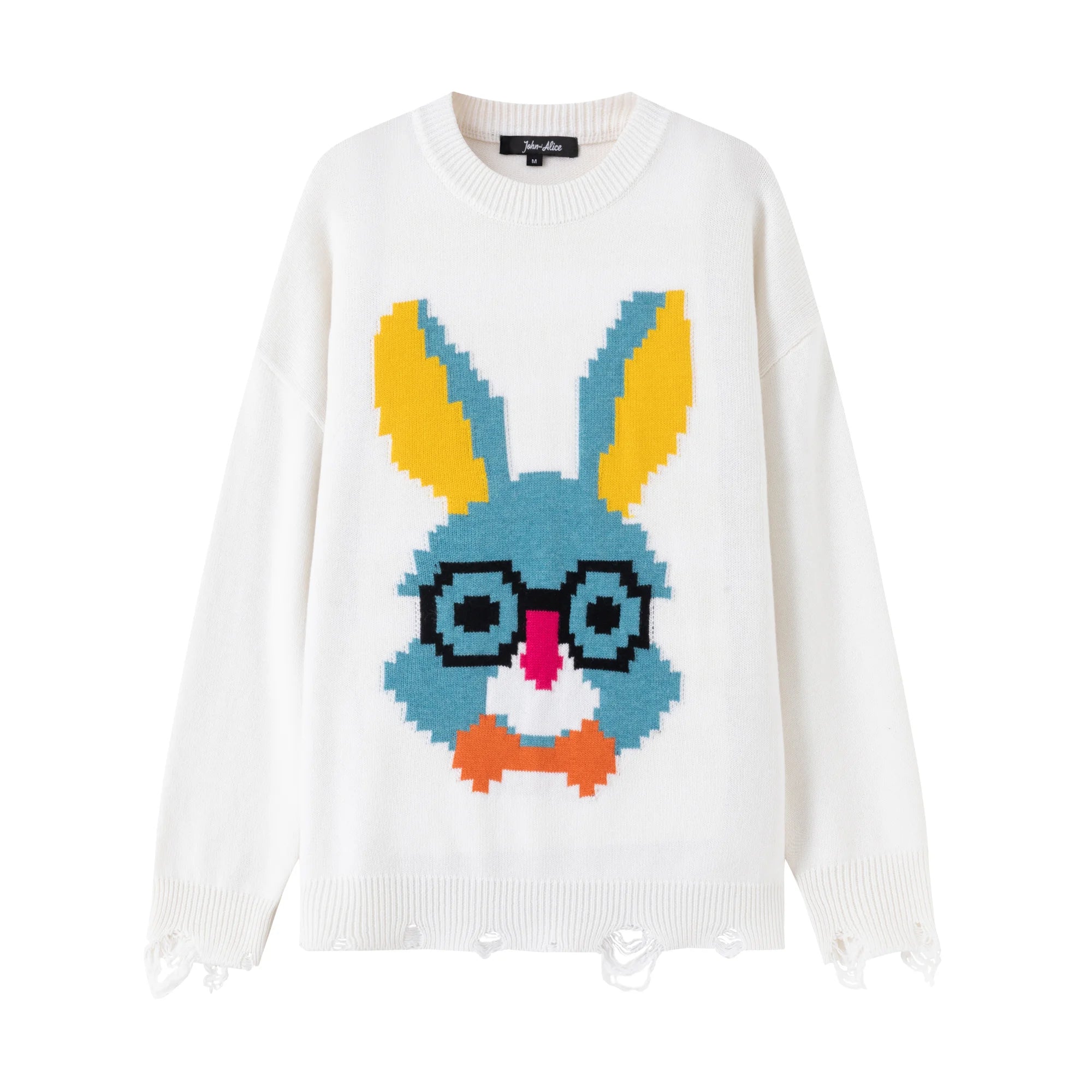 Front flat view of an ivory cotton and wool blend jumper with a pixel-style rabbit face motif on the front and distressed ribbed hem and cuffs.