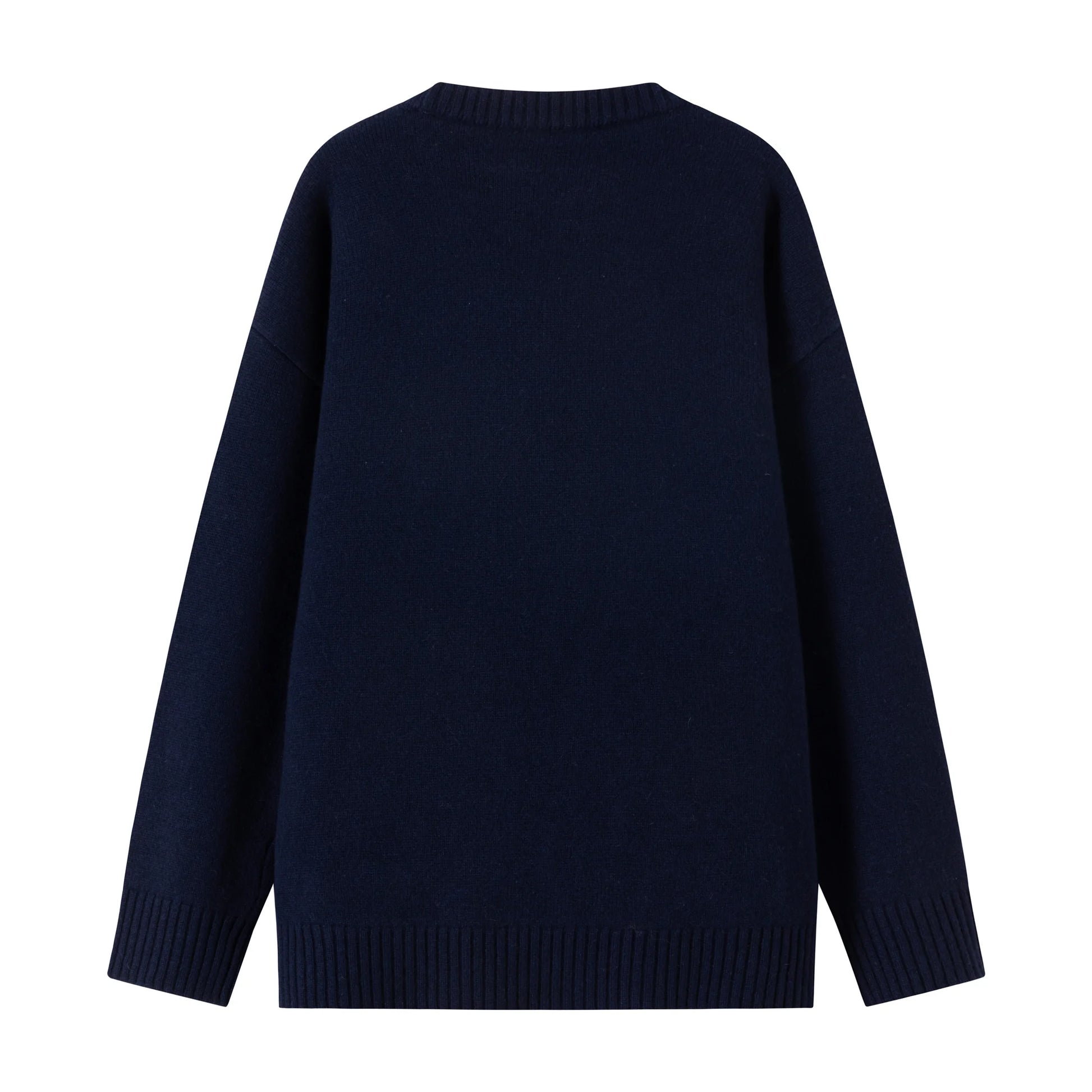 Back flat view of a navy wool jumper with a plain back and ribbed trims.