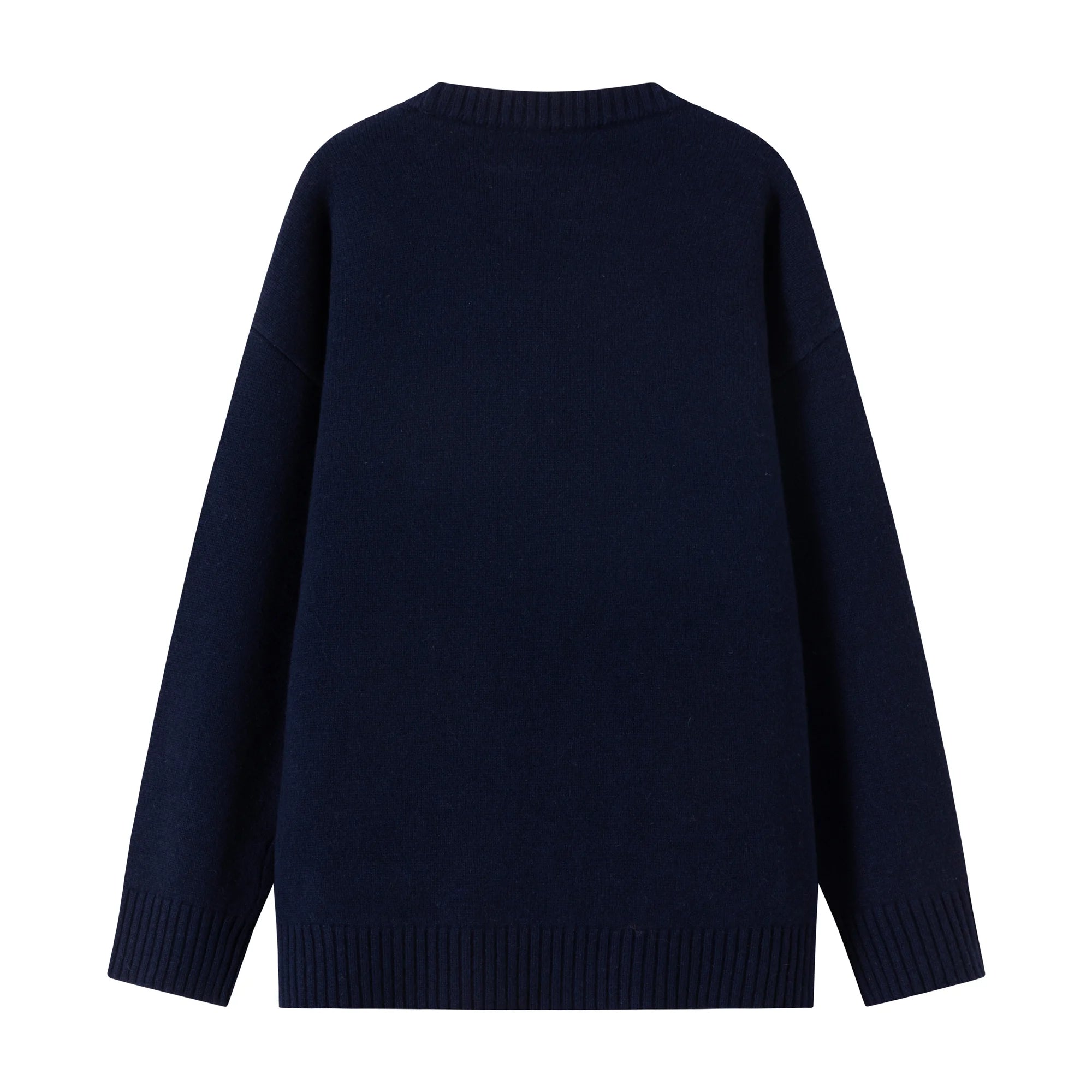 Back flat view of a navy wool jumper with a plain back and ribbed trims.