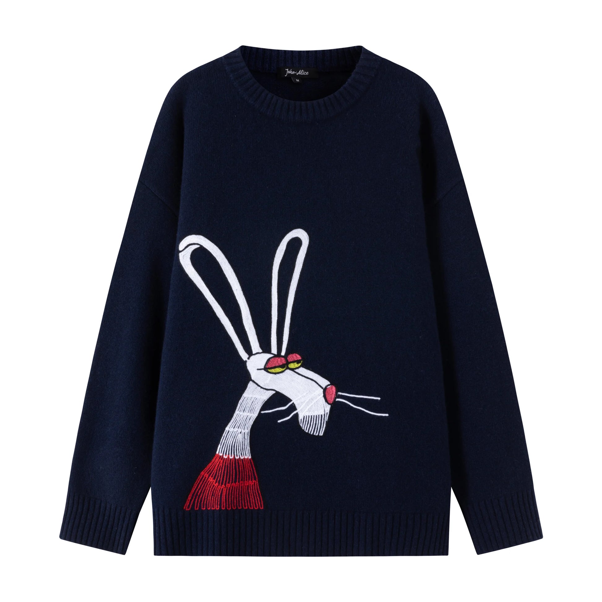 Front flat view of a navy wool jumper with an artistic rabbit embroidery on the front.