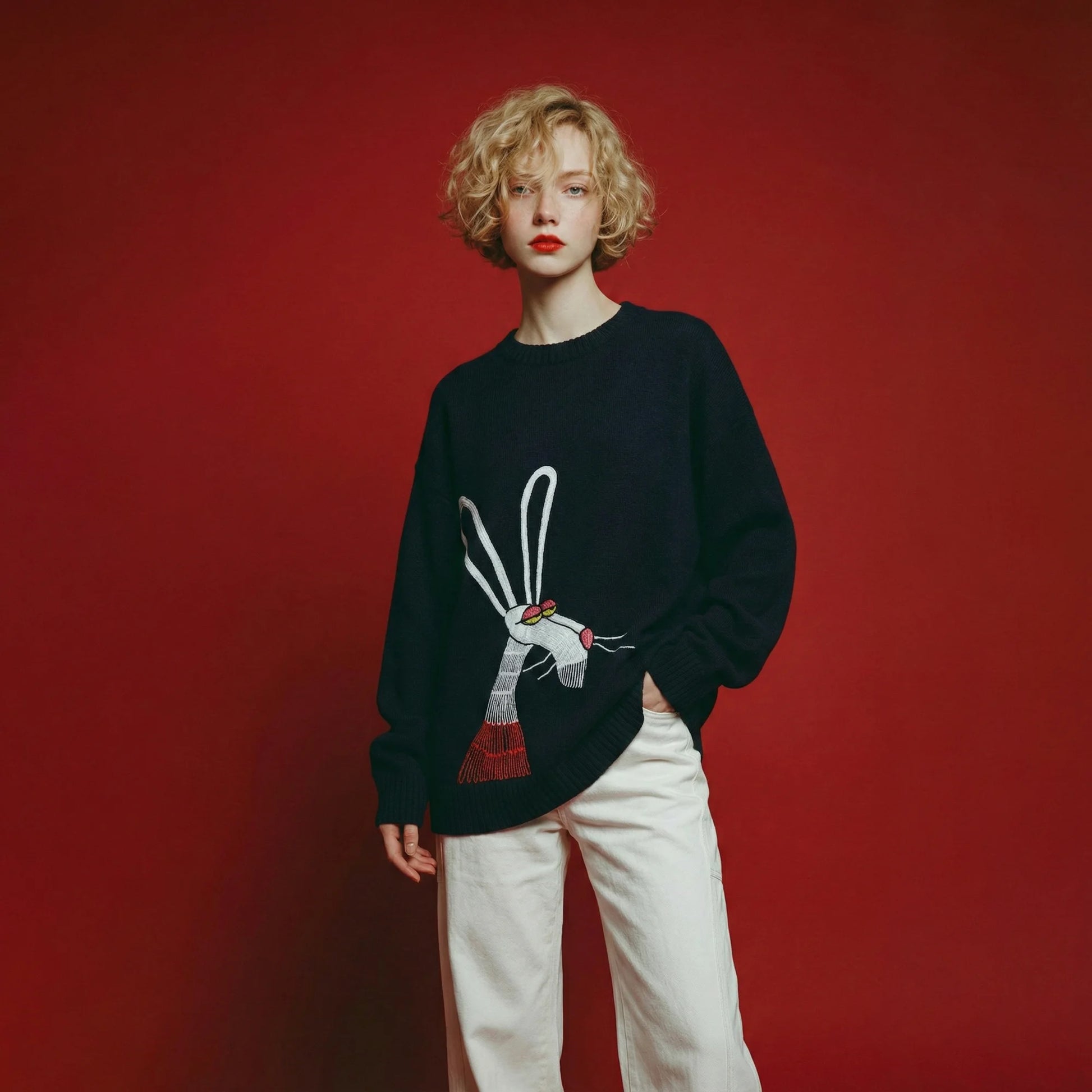 Woman wearing a navy oversized wool jumper with an artistic rabbit embroidery on the front.