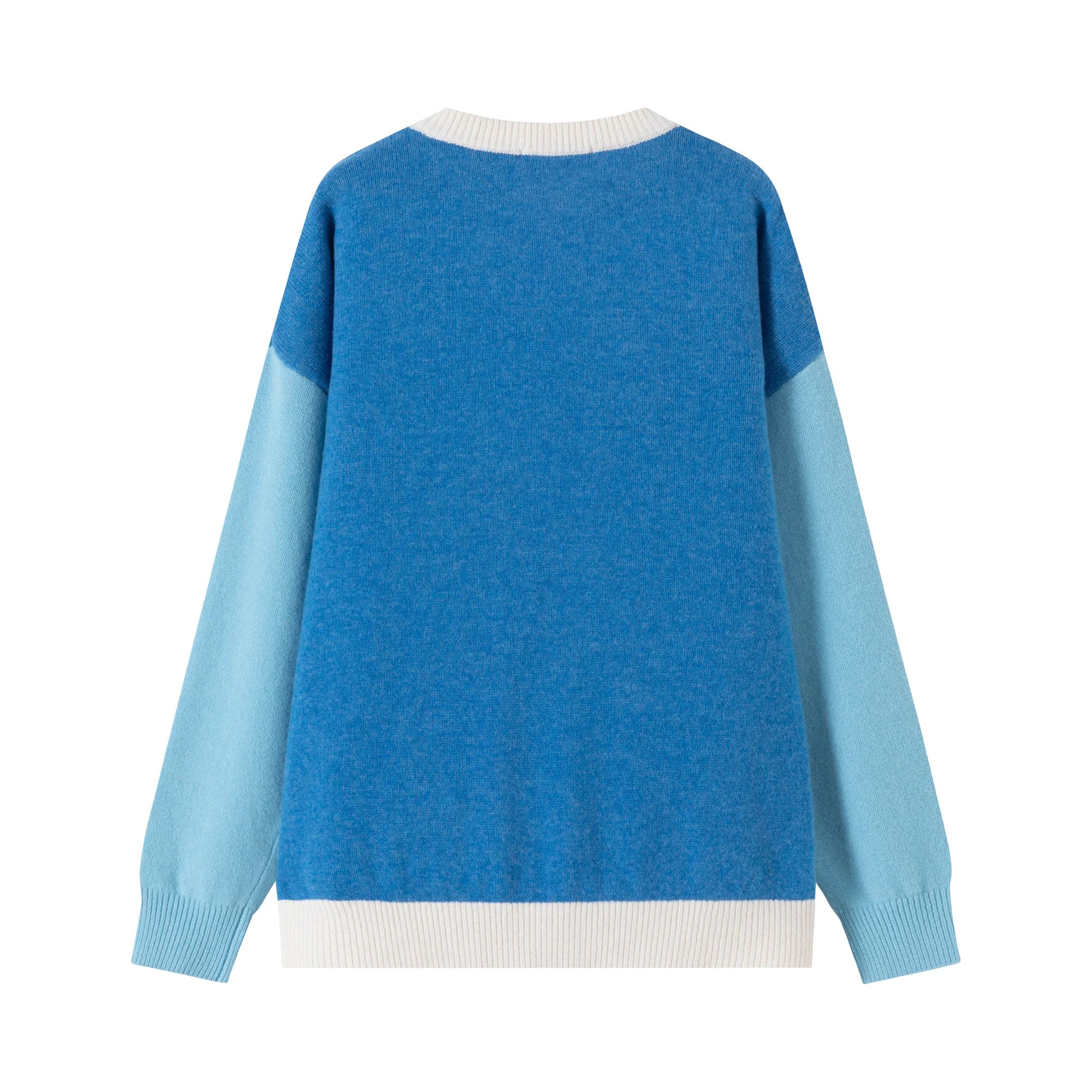 Back flat view of a blue merino wool jumper with light blue sleeves and a dropped-shoulder silhouette.