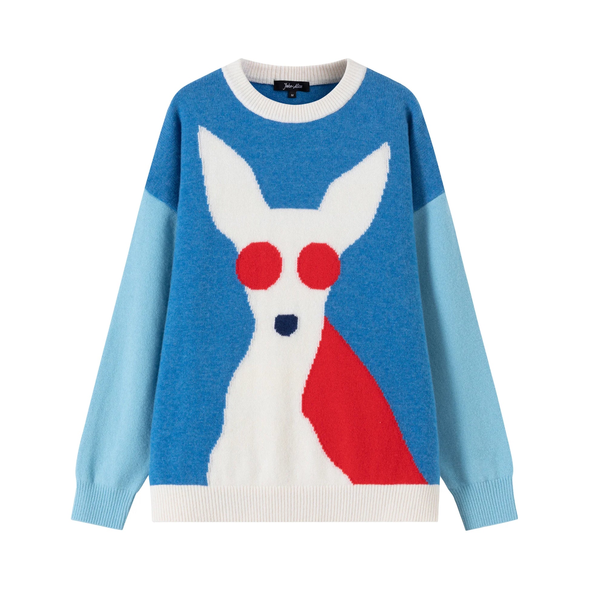 Front flat view of a blue merino wool jumper with a contrasting dog intarsia, light blue sleeves and a dropped-shoulder silhouette.