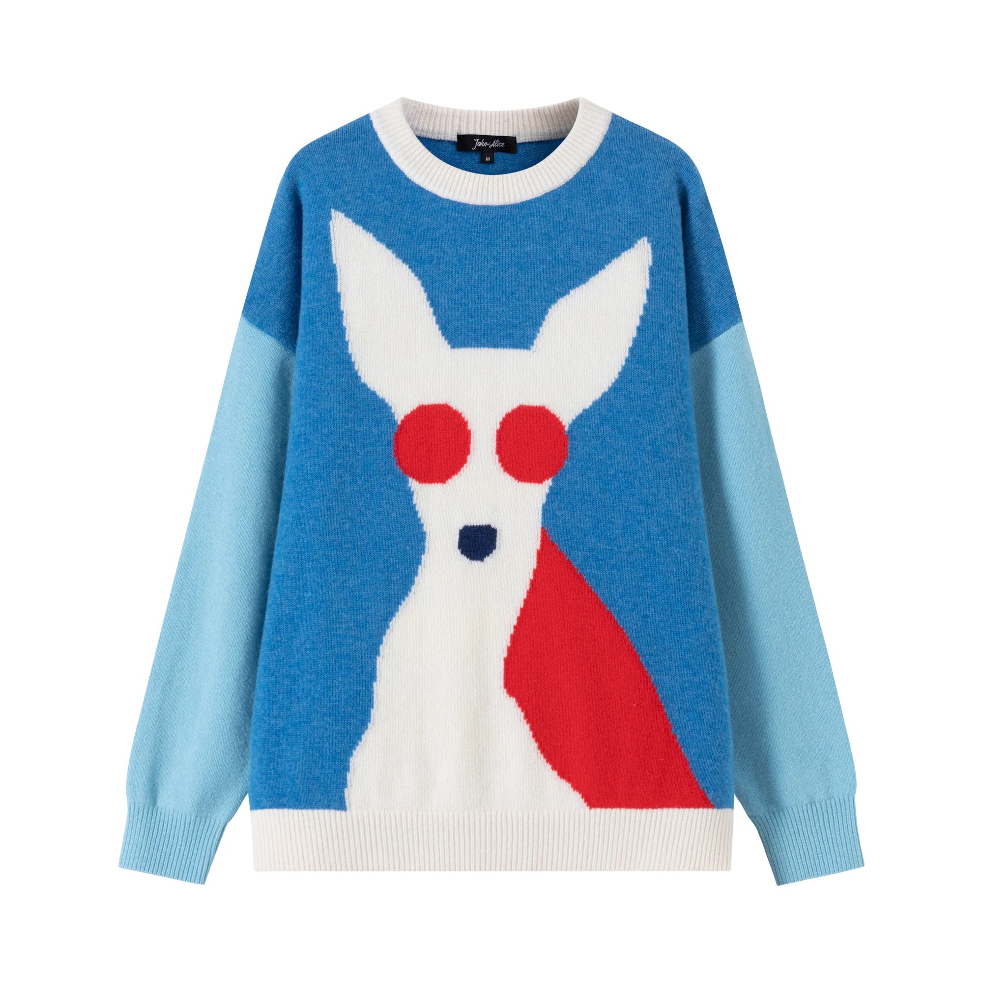 Front flat view of a blue merino wool jumper with a contrasting dog intarsia, light blue sleeves and a dropped-shoulder silhouette.