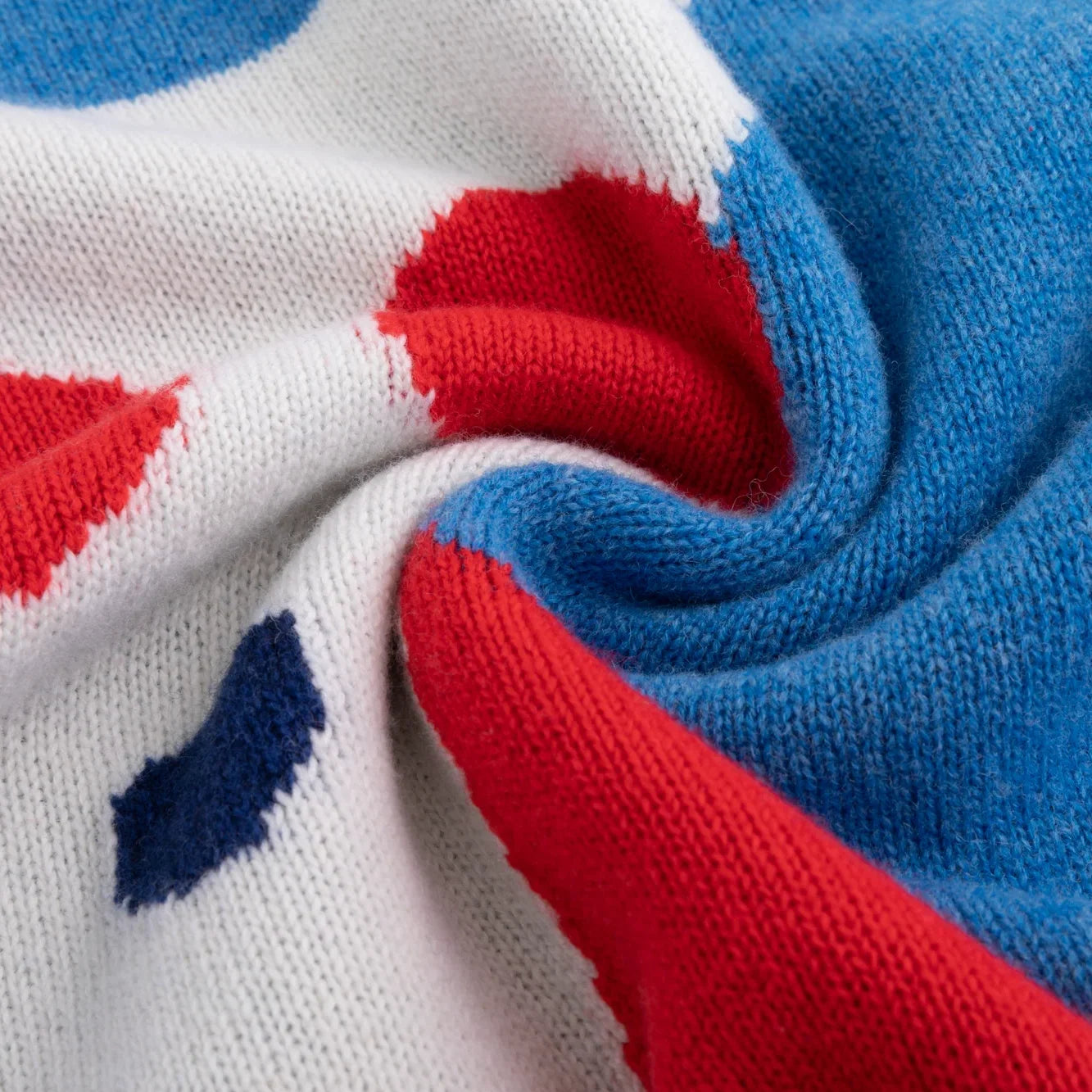 Close-up of the merino wool knit texture and red, white and blue intarsia.