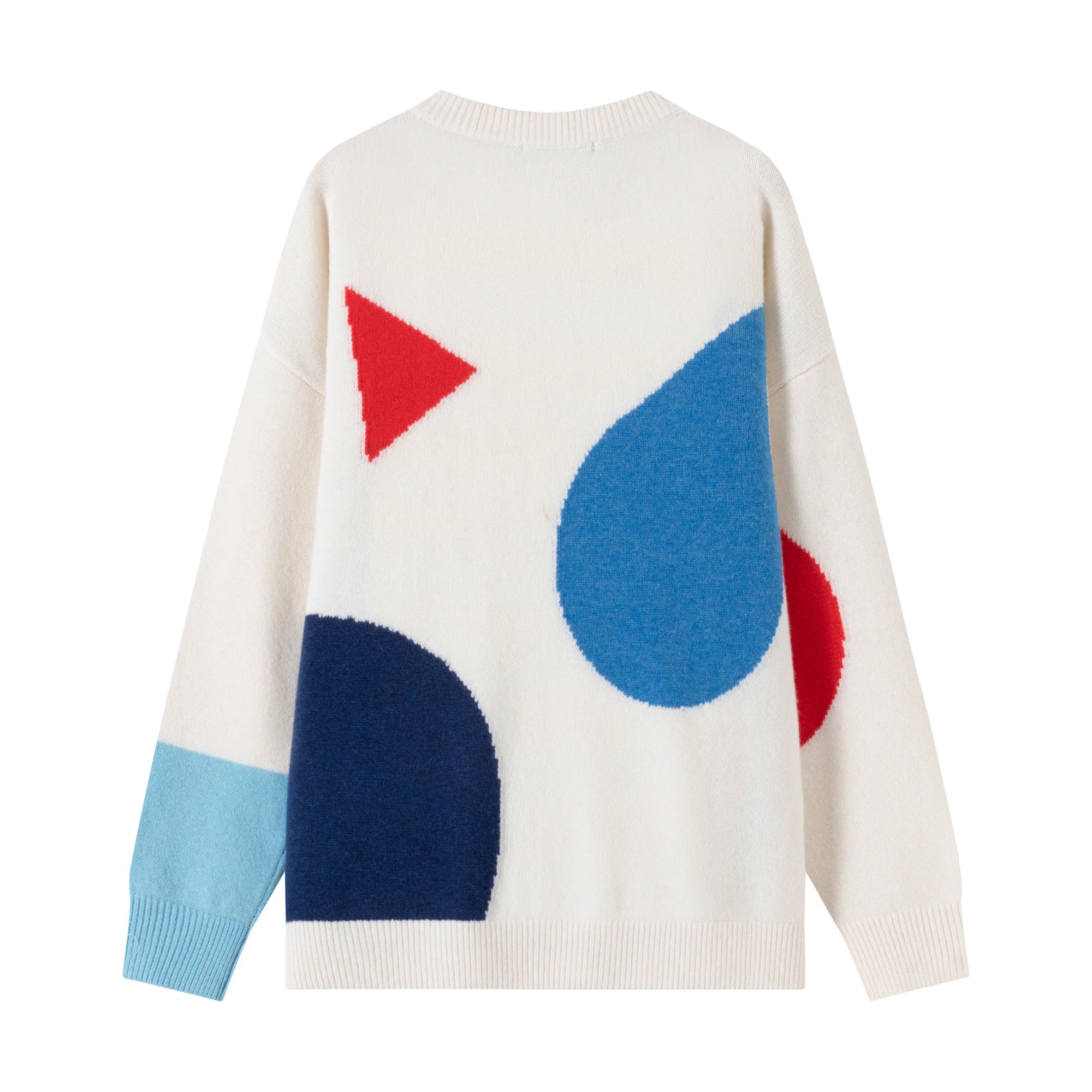 Back flat view of a cream merino wool jumper with a dropped-shoulder silhouette.
