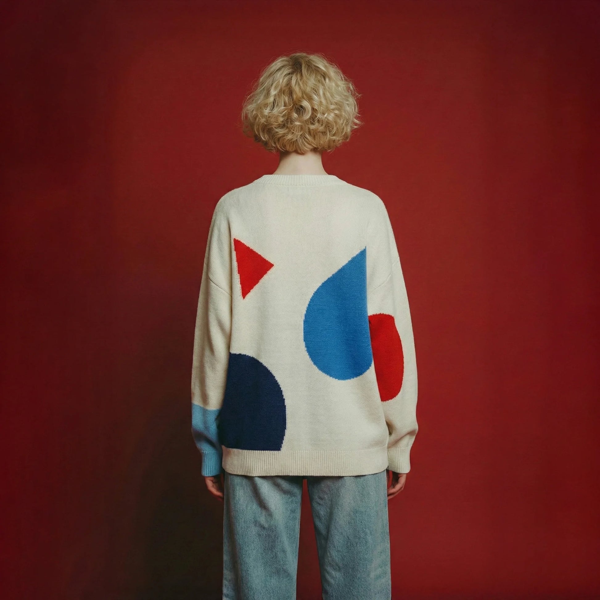 Back view of model wearing a cream merino wool jumper with an oversized dropped-shoulder fit.