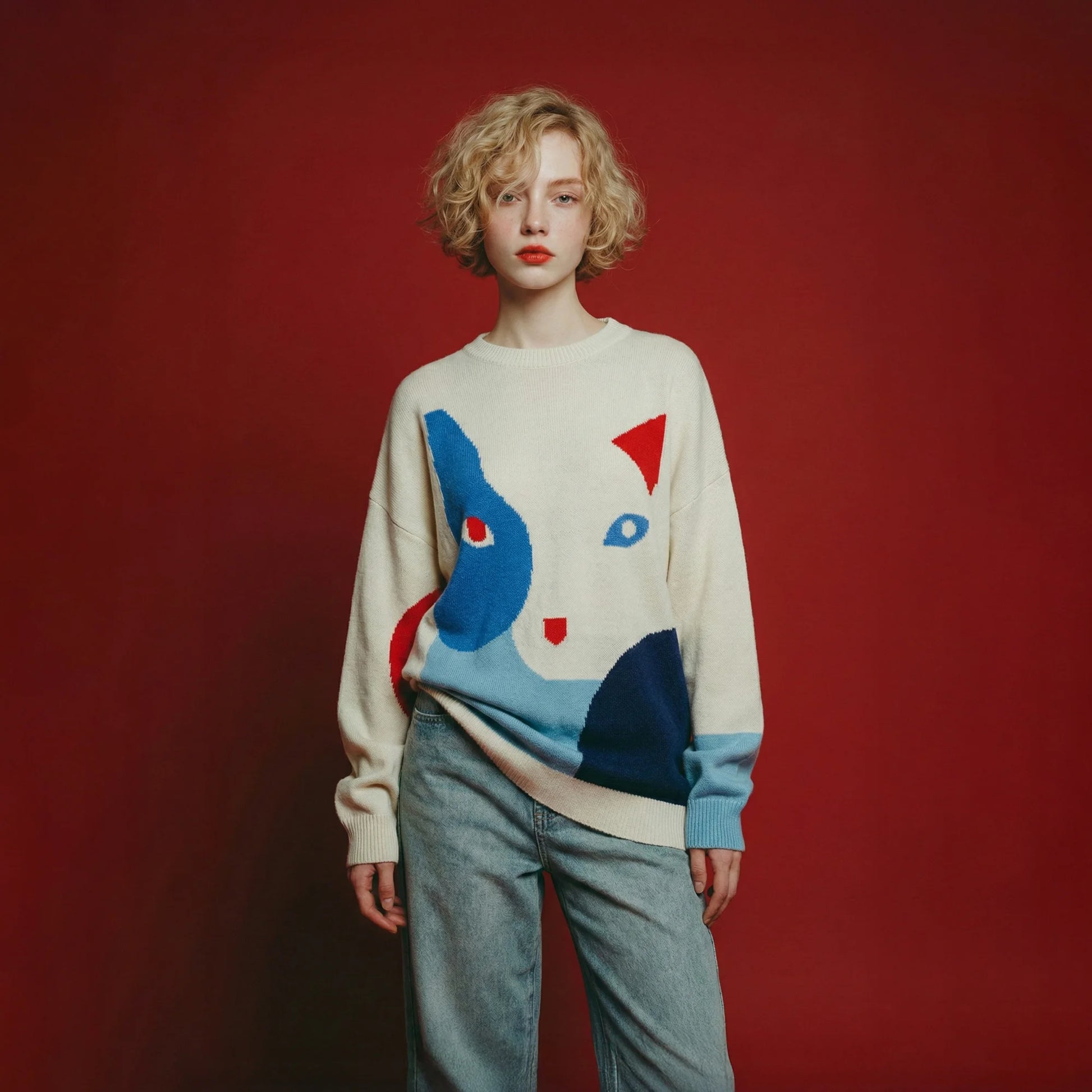 Model wearing a cream merino wool jumper with an oversized dropped-shoulder fit and a contrasting abstract cat intarsia on the front.
