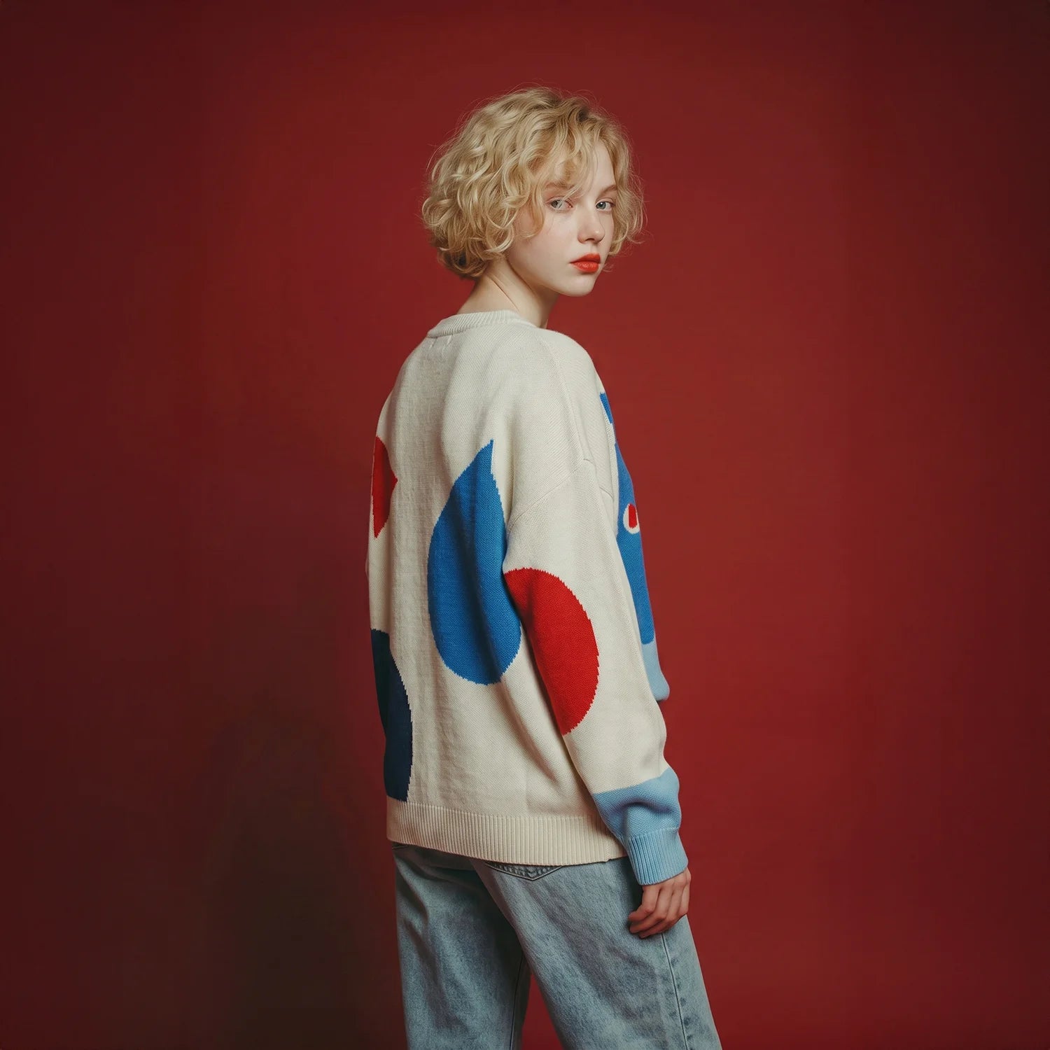 Three-quarter back view of an ivory jumper with blue, red and navy abstract intarsia.