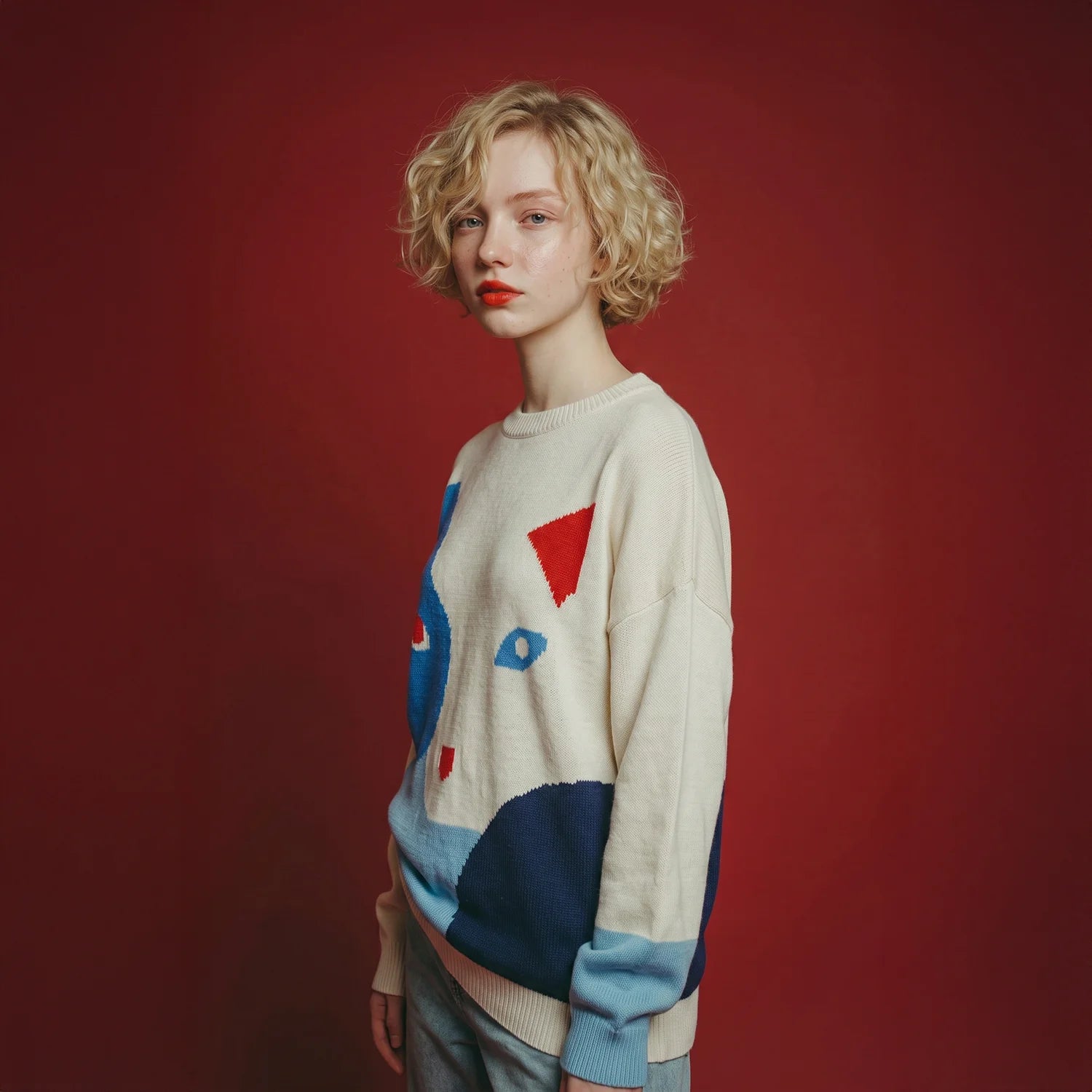 Model wearing an ivory merino wool jumper with an abstract blue cat intarsia.