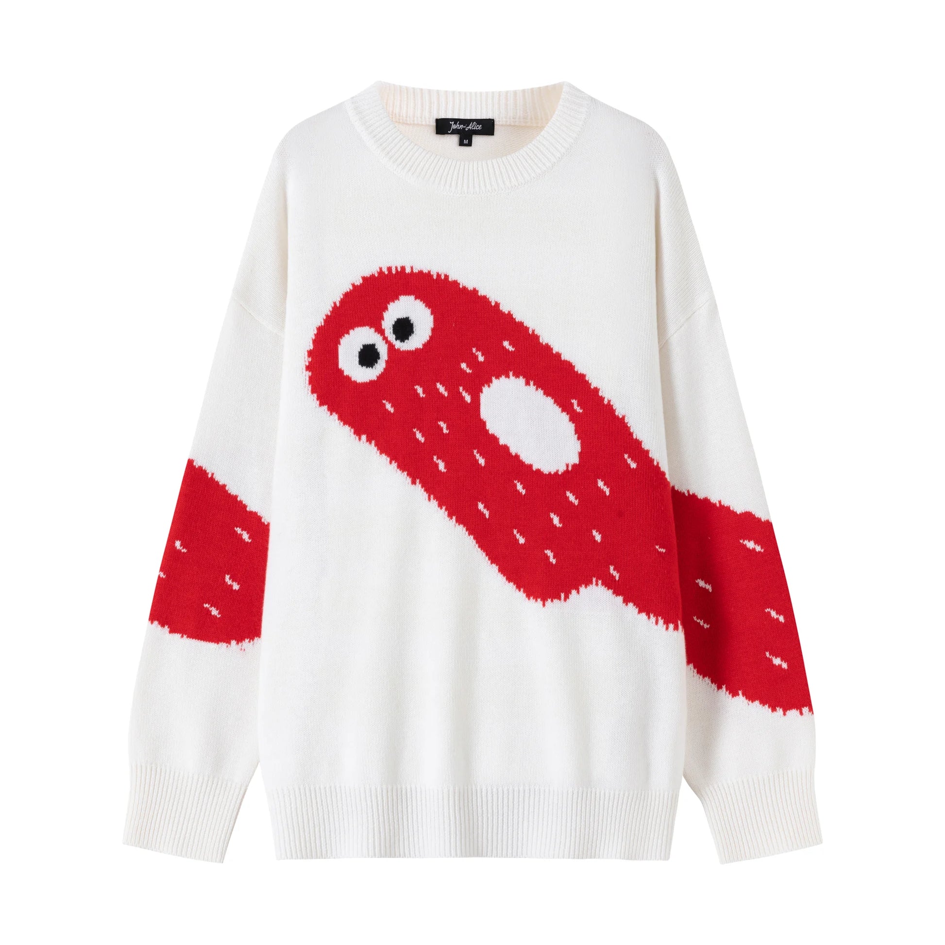 Front flat view of an ivory cotton and wool blend jumper with a red ghost intarsia across the front and sleeves.