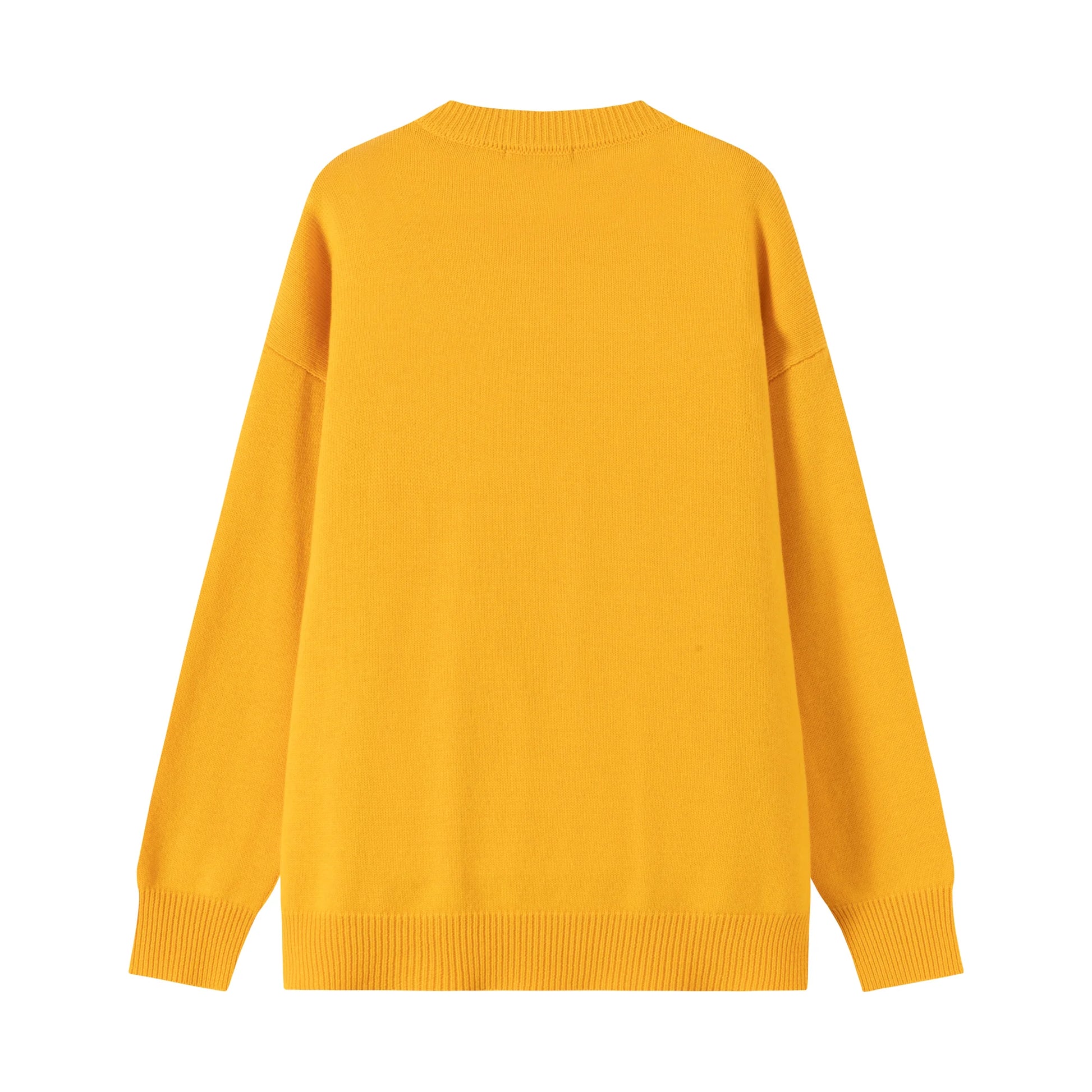 Back flat view of a mustard yellow cotton and wool blend jumper with a dropped-shoulder silhouette.