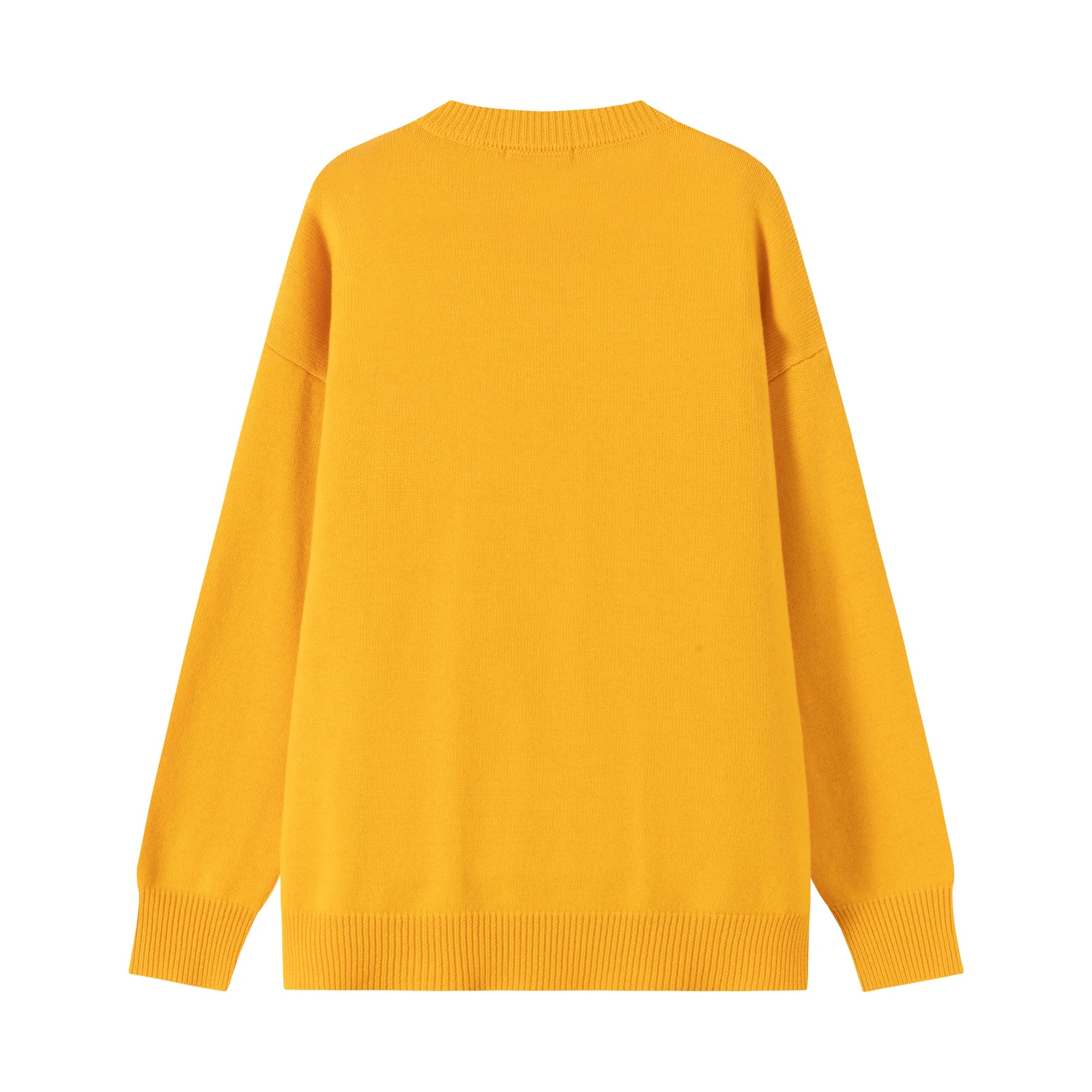 Back flat view of a mustard yellow cotton and wool blend jumper with a dropped-shoulder silhouette.