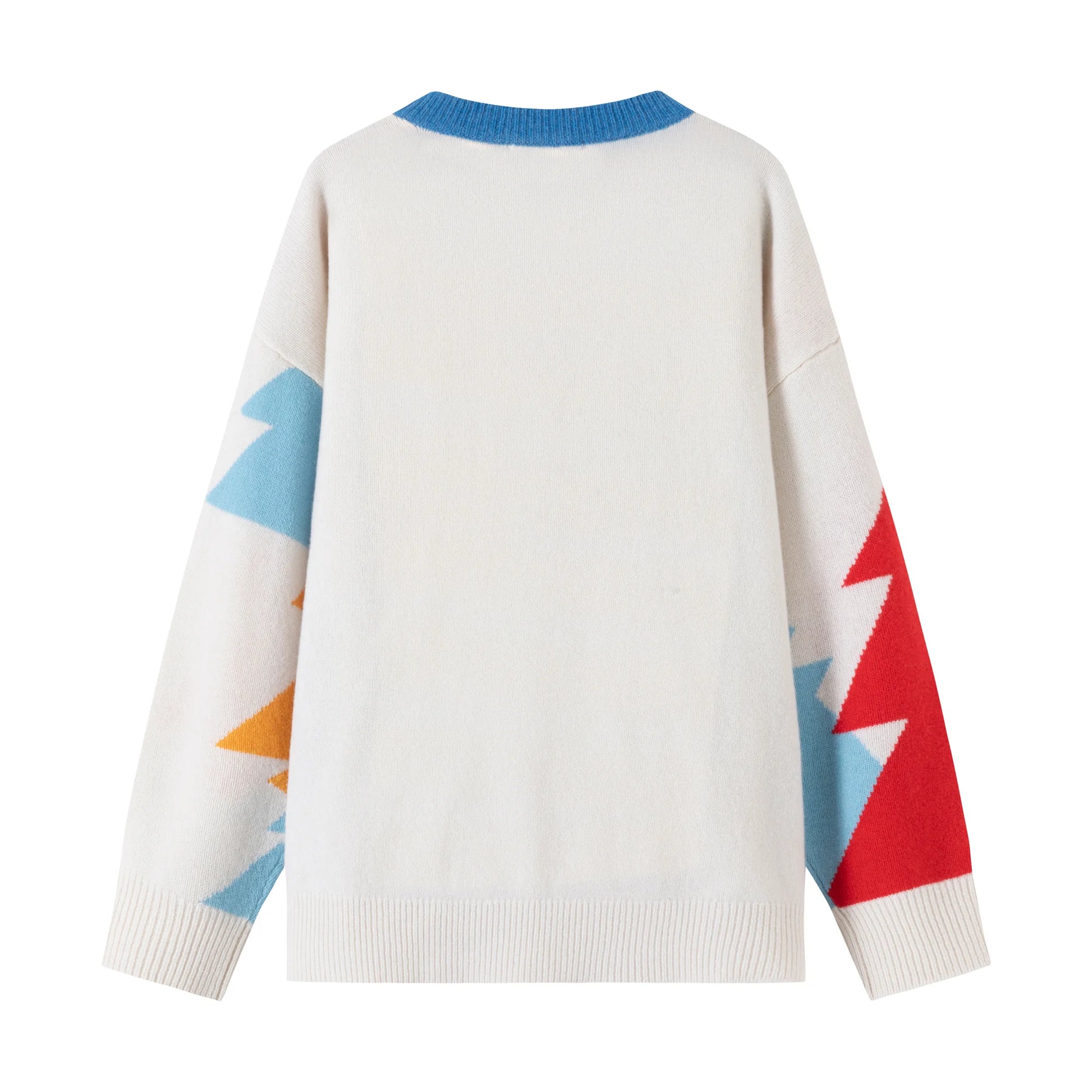 Back flat view of an ivory merino wool jumper with multicolour forest intarsia on the sleeves and a dropped-shoulder silhouette.