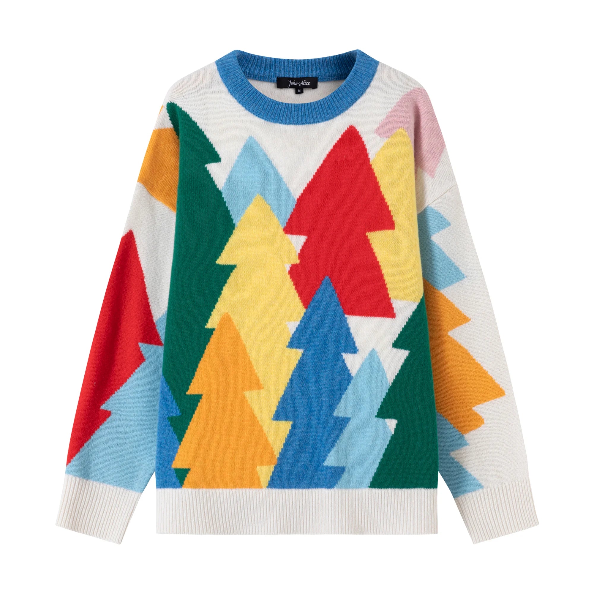 Front flat view of an ivory merino wool jumper with a multicolour forest intarsia and dropped shoulders.
