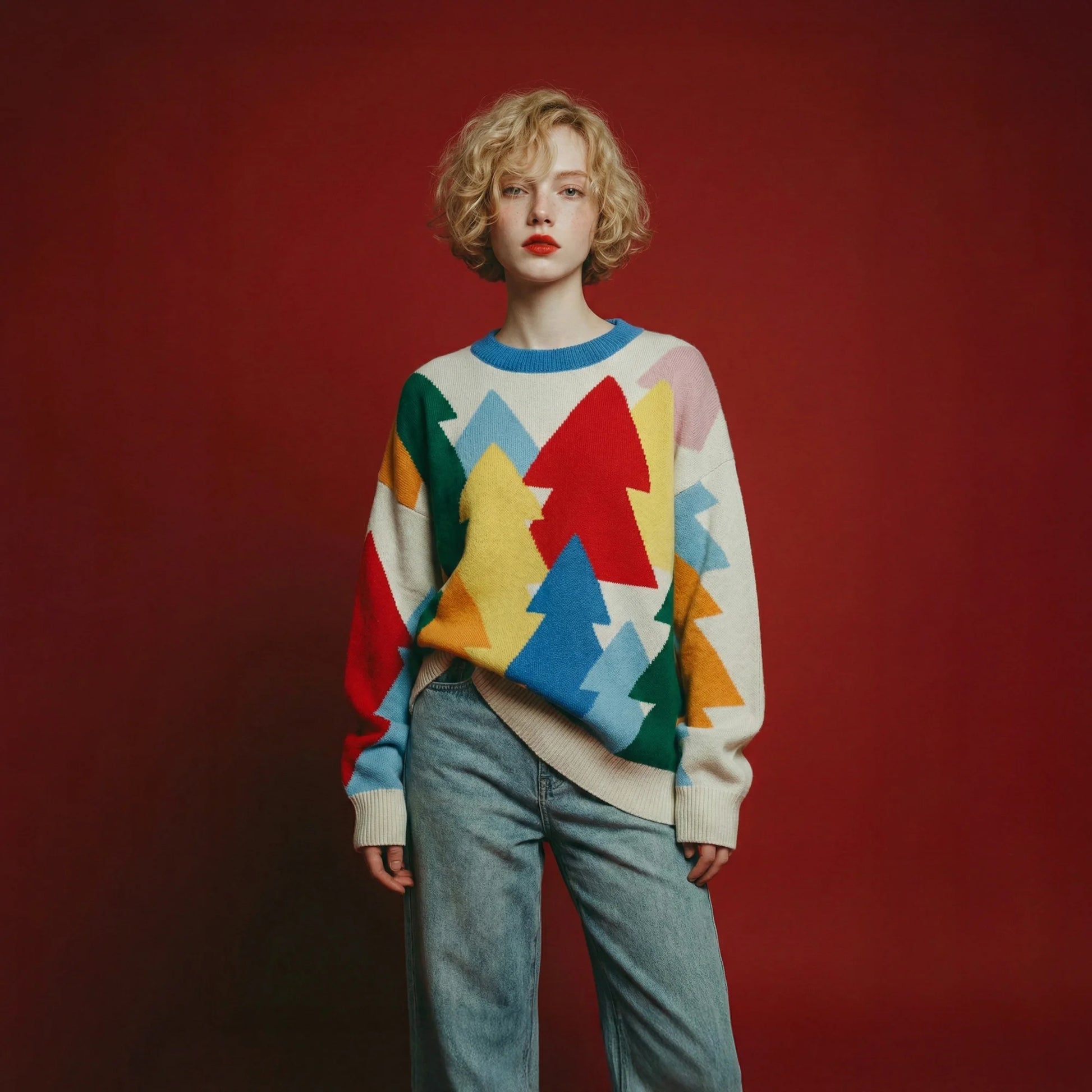 Model wearing an ivory merino wool jumper with a multicolour forest intarsia and an oversized dropped-shoulder fit.