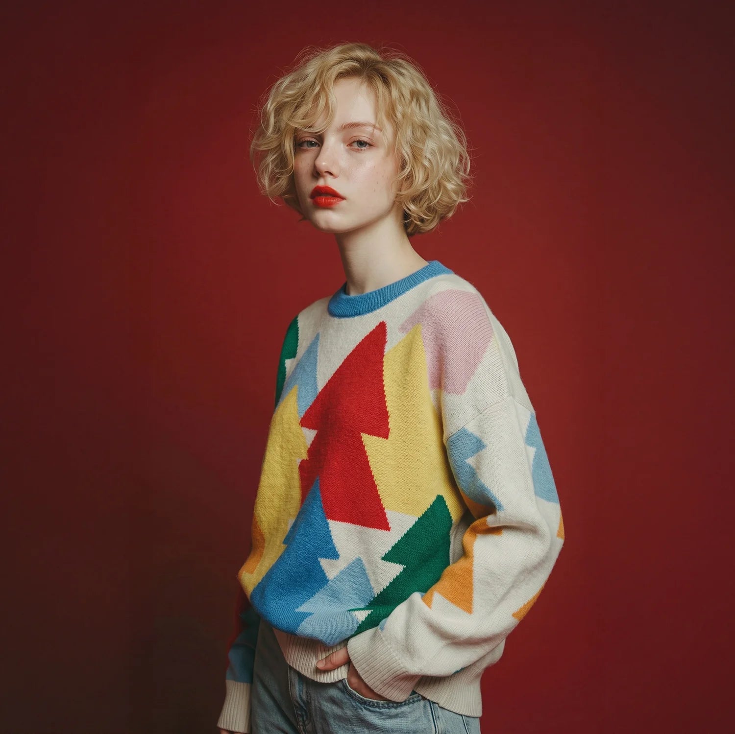 Three-quarter view of model wearing an ivory jumper with multicolour forest intarsia.