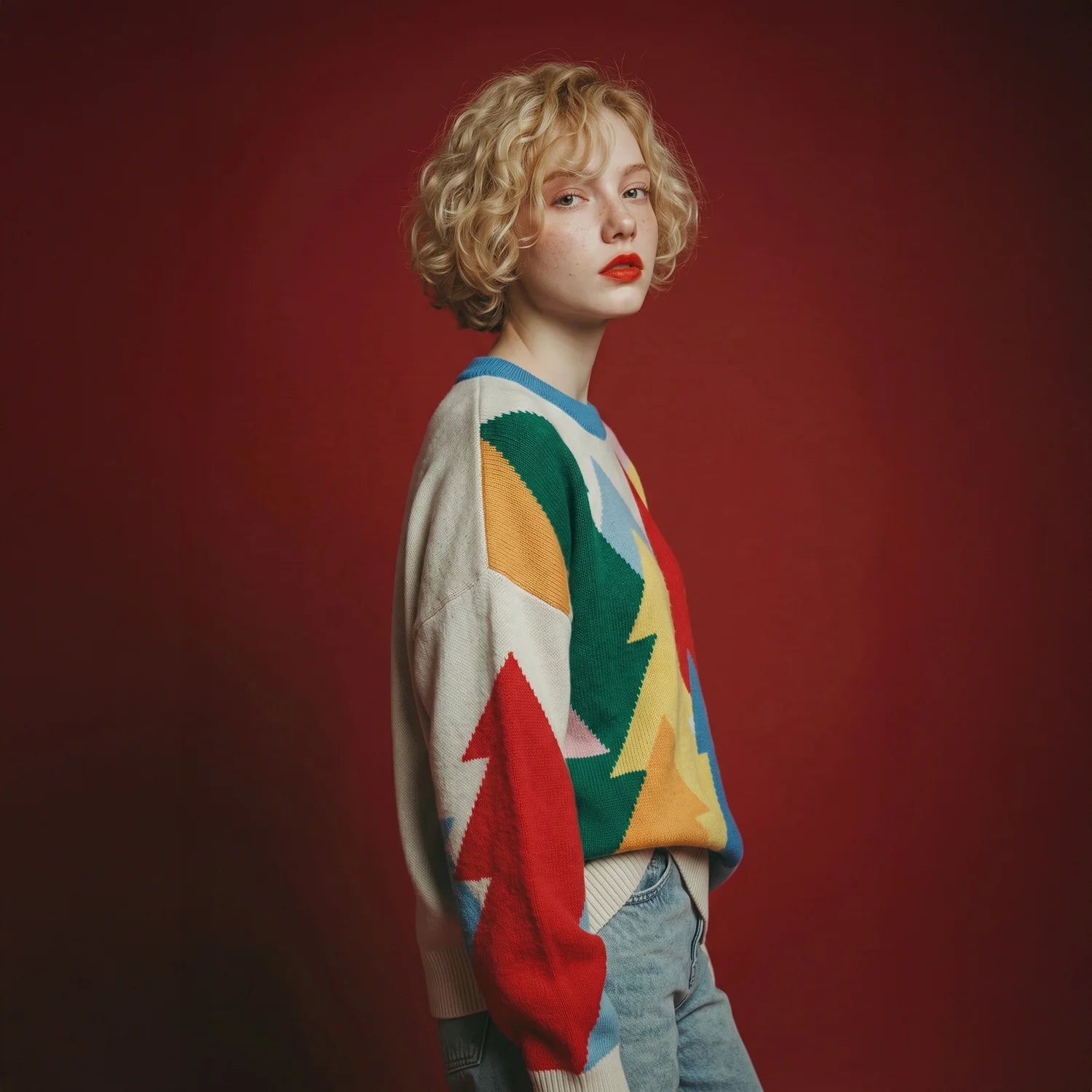 Side view of model wearing an ivory jumper with multicolour forest intarsia.