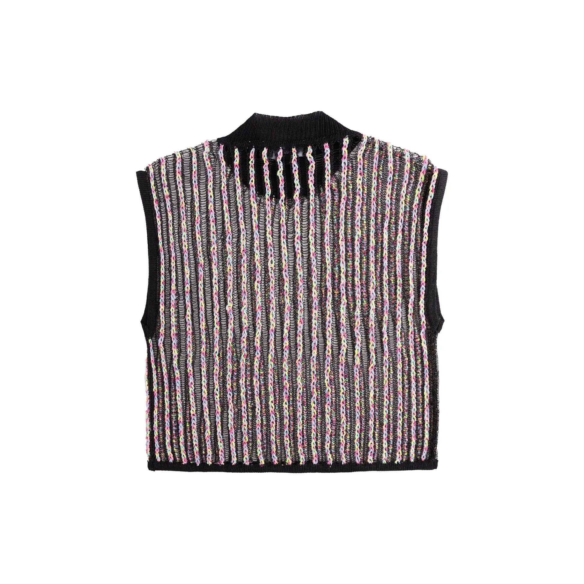 Back flat view of a black multicolour crochet mock neck top with vertical striped texture.