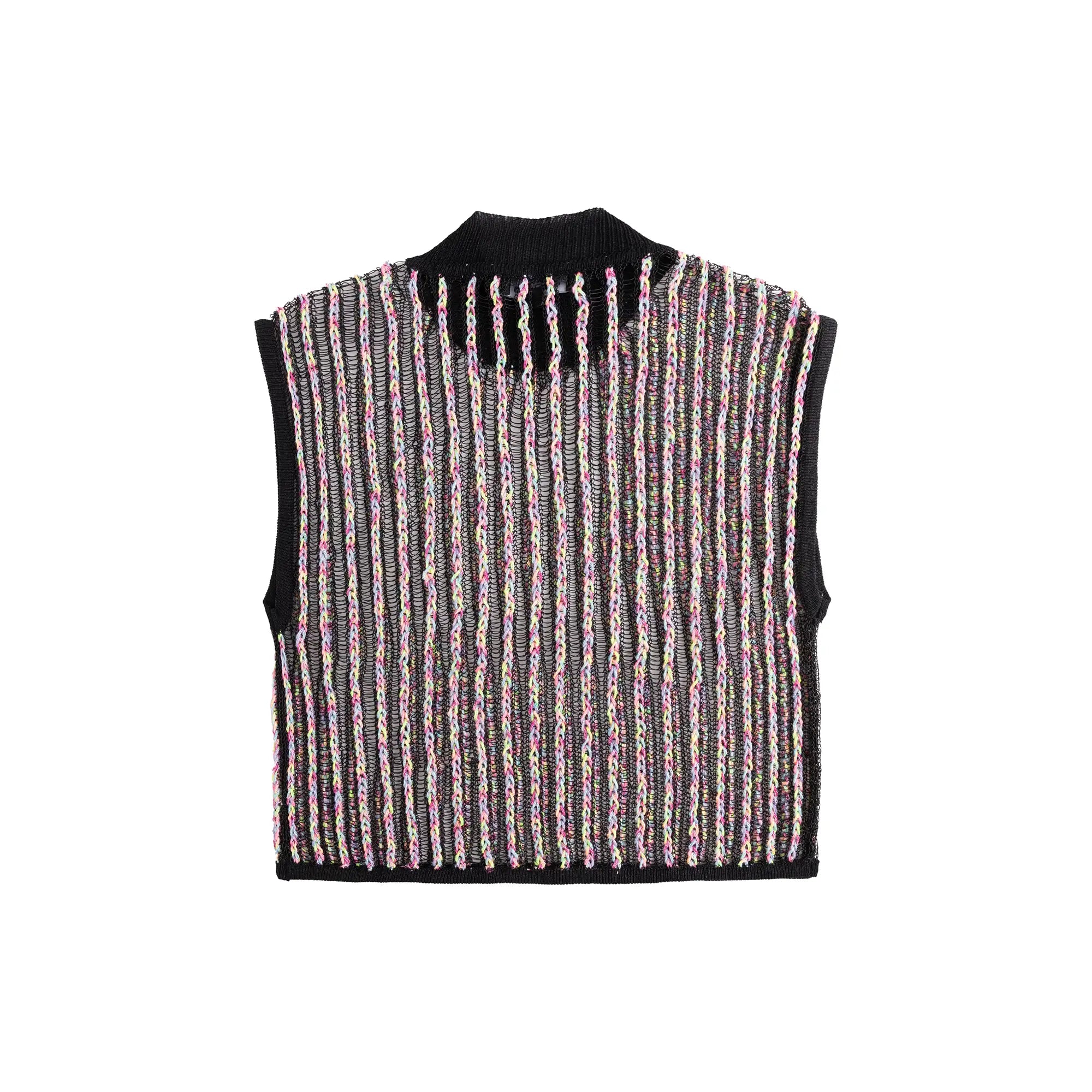 Back flat view of a black multicolour crochet mock neck top with vertical striped texture.
