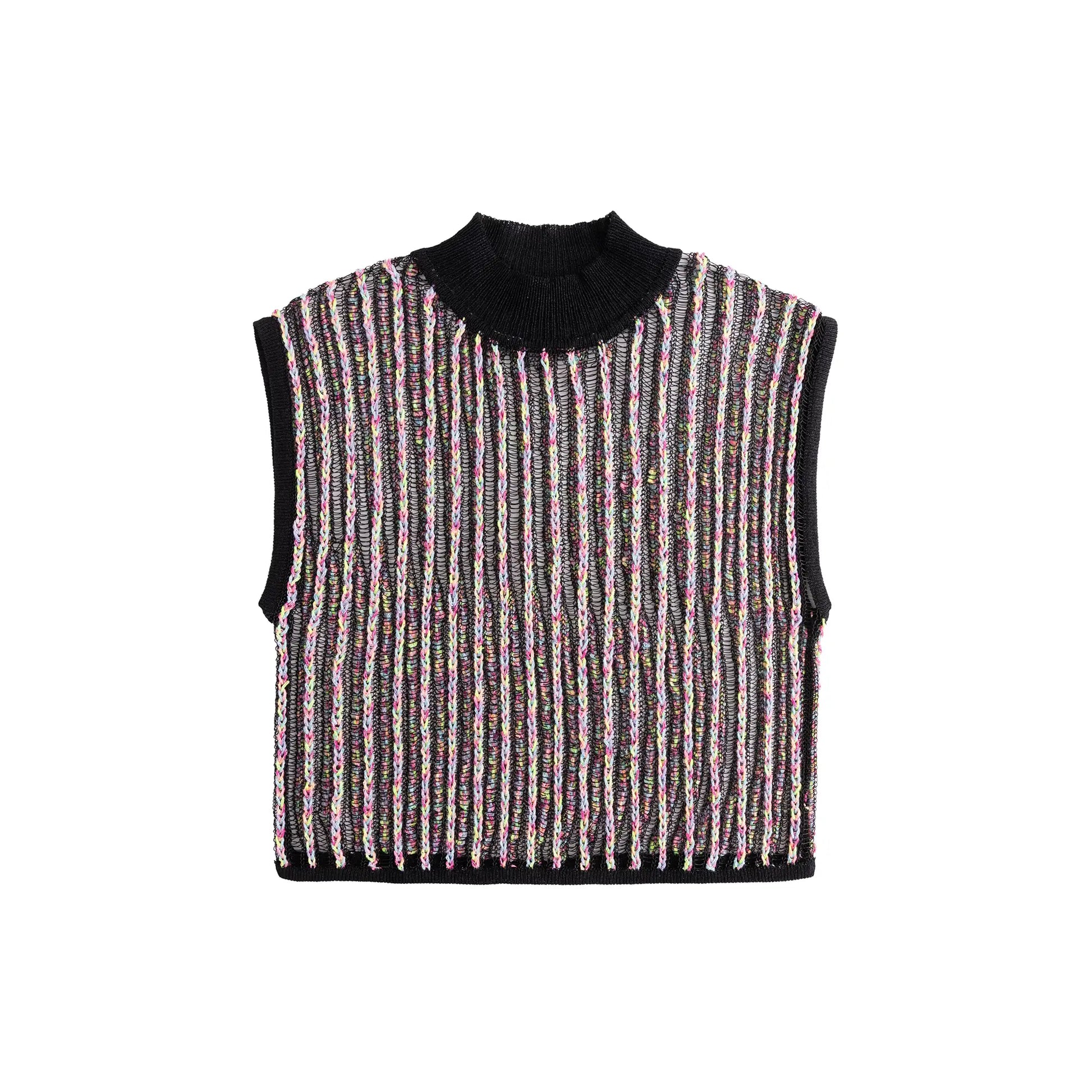 Front flat view of a black multicolour crochet mock neck top with vertical striped texture.