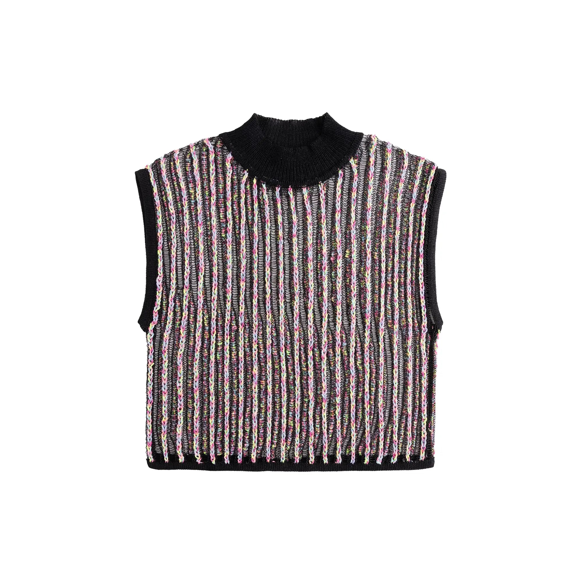 Front flat view of a black multicolour crochet mock neck top with vertical striped texture.