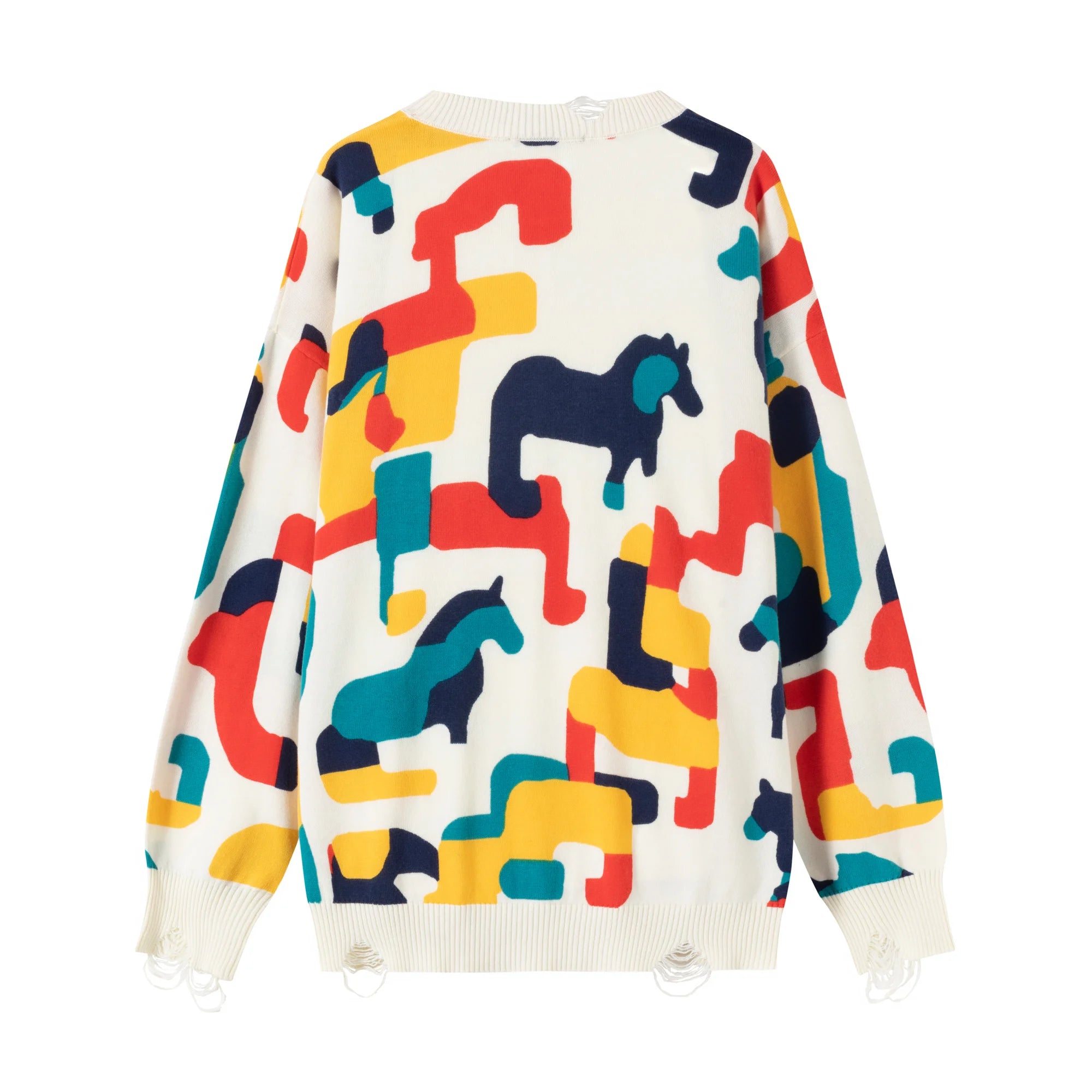 Back flat view of an ivory organic cotton jumper with an abstract horse print and distressed ribbed trims.