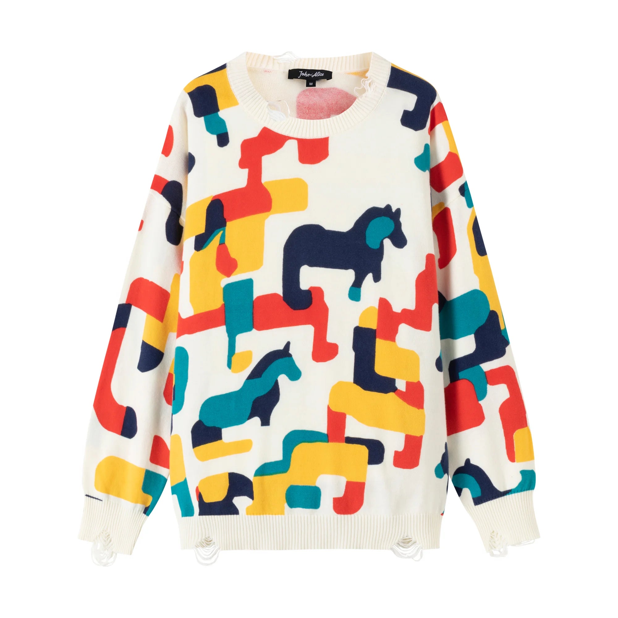 Front flat view of an ivory organic cotton jumper with an abstract horse print and distressed ribbed trims.