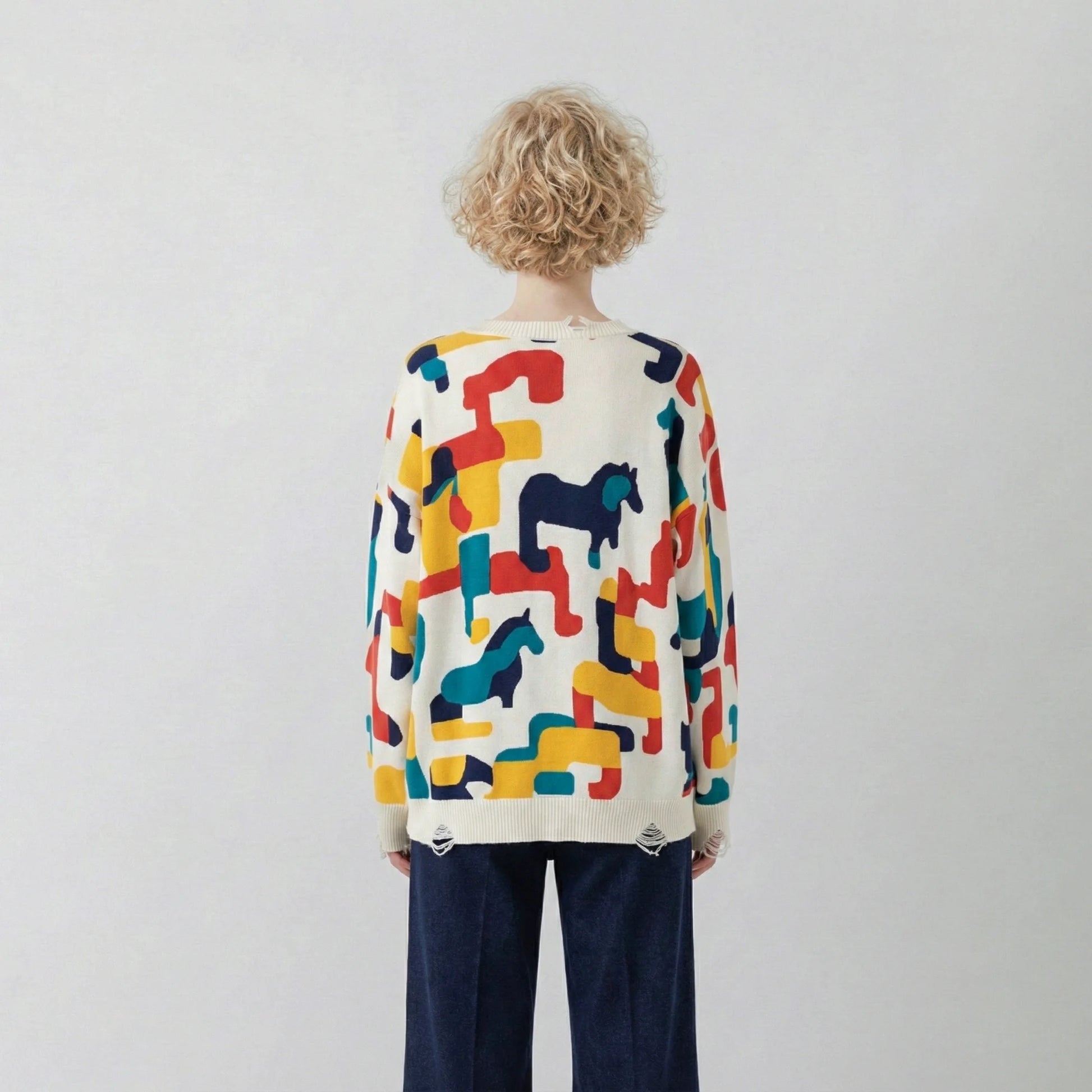 Back view of model wearing an ivory organic cotton jumper with an abstract horse print, distressed ribbed trims and a regular dropped-shoulder fit.