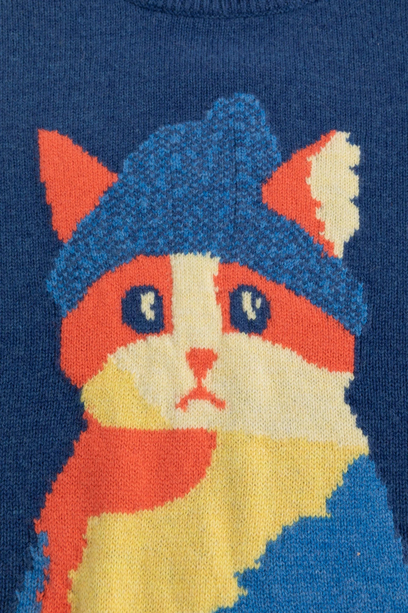 Close-up of the artistic cat intarsia on the blue jumper.