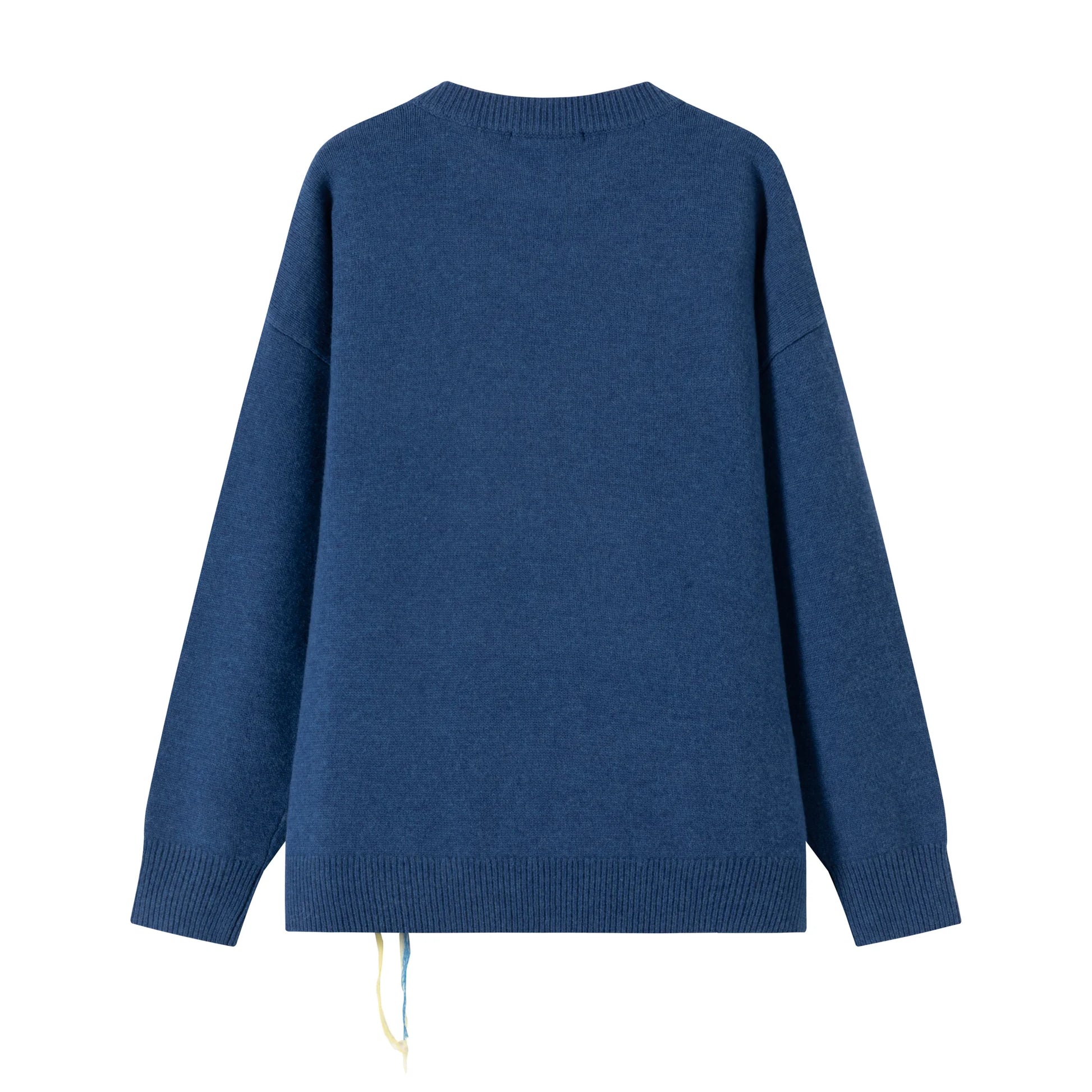Back flat view of a blue merino wool jumper with a plain back and dropped-shoulder silhouette.