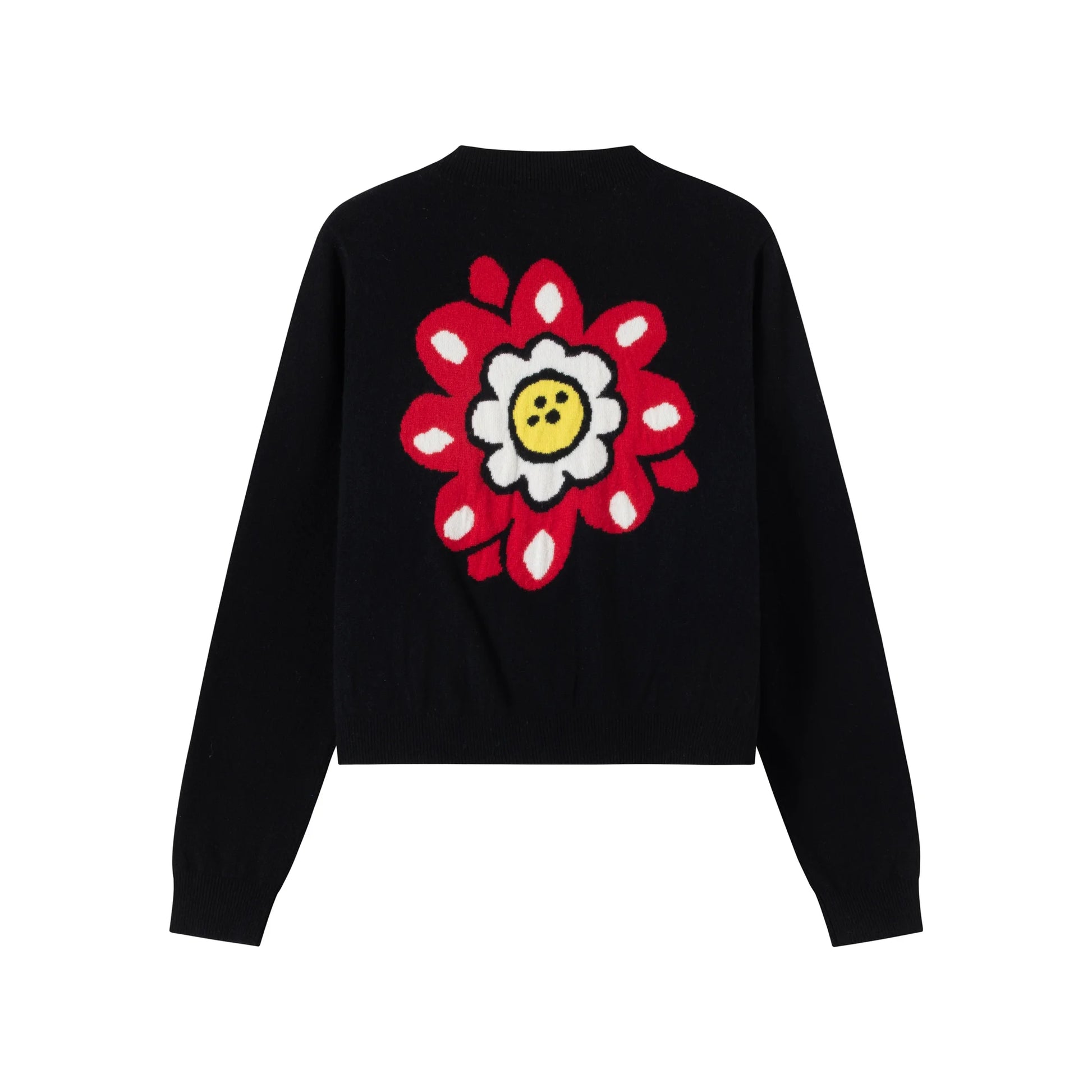 Back flat view of a black cashmere and wool blend cardigan with a large floral intarsia on the back.