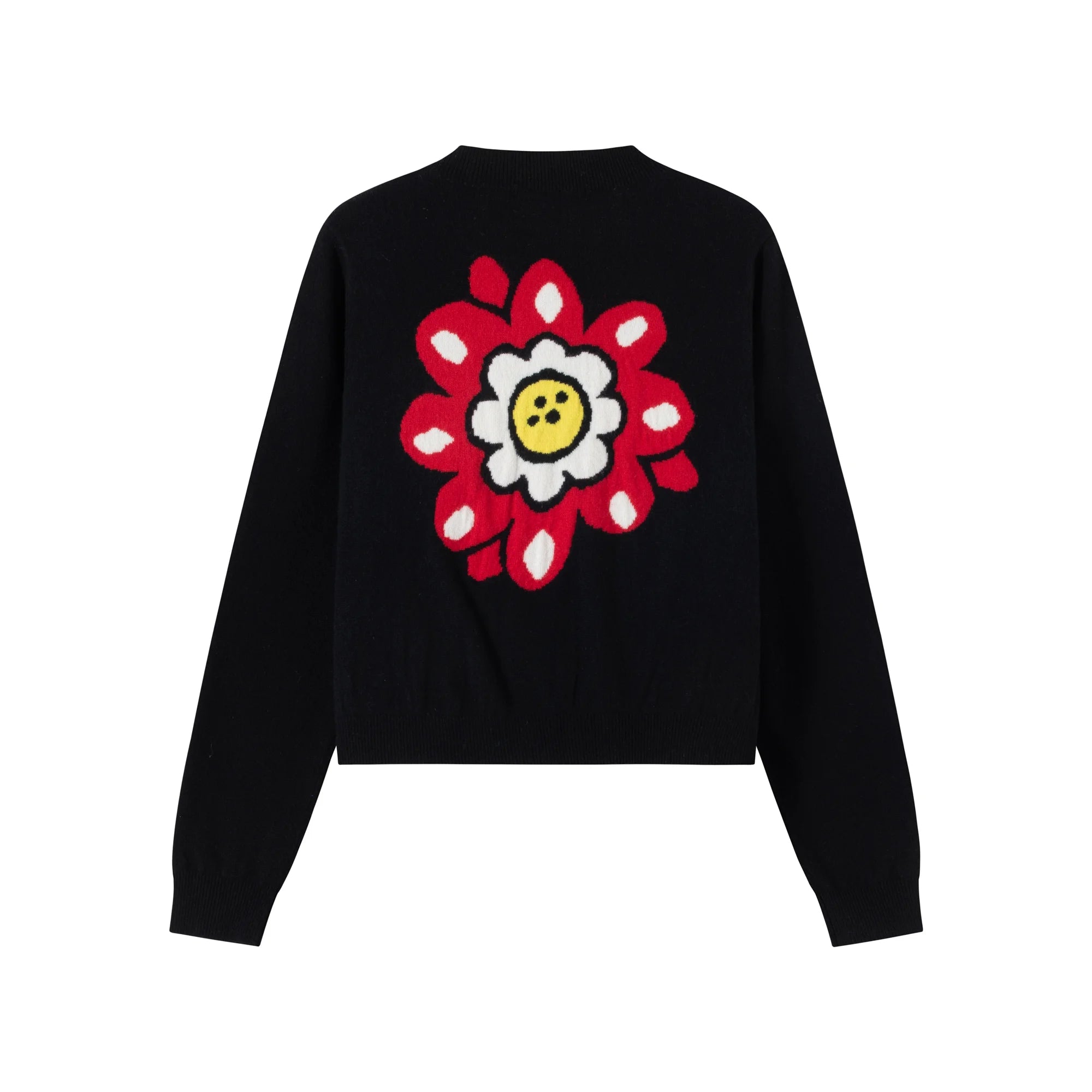 Back flat view of a black cashmere and wool blend cardigan with a large floral intarsia on the back.