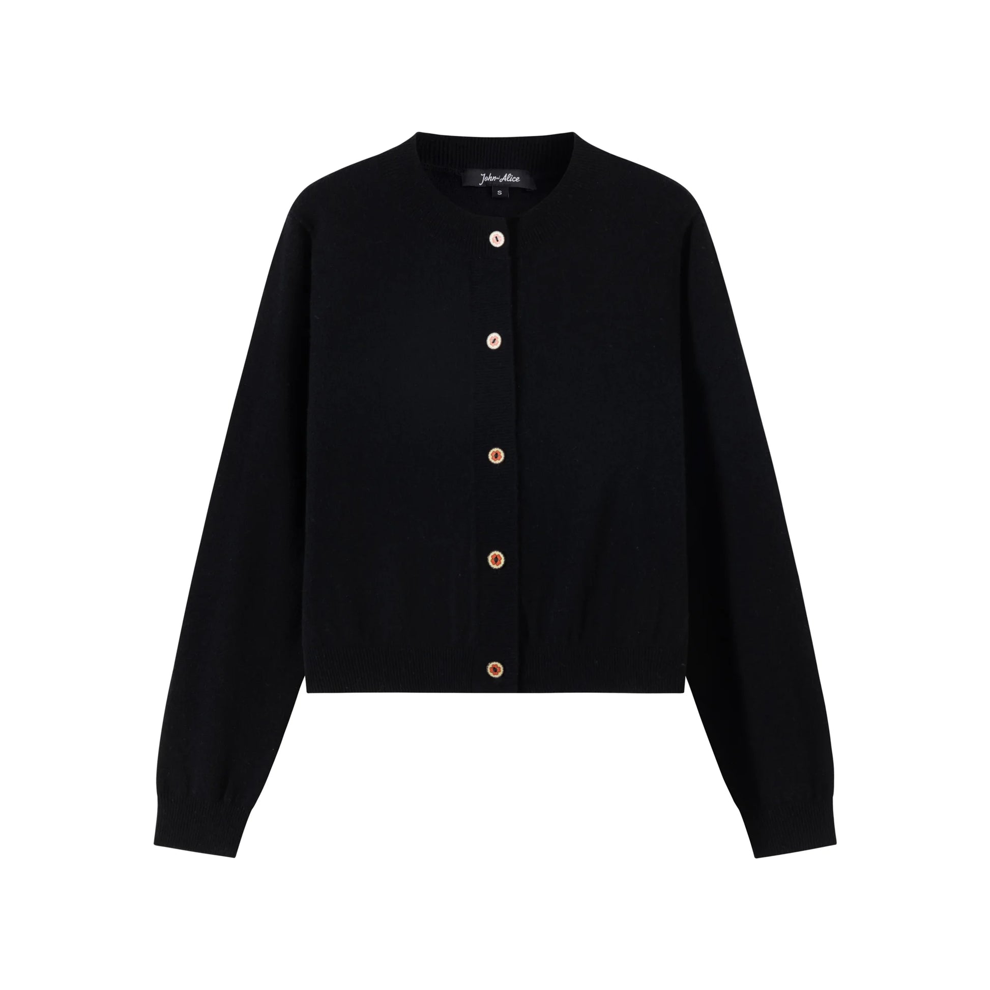 Front flat view of a black cashmere and wool blend cardigan with a round neckline and wood buttons.