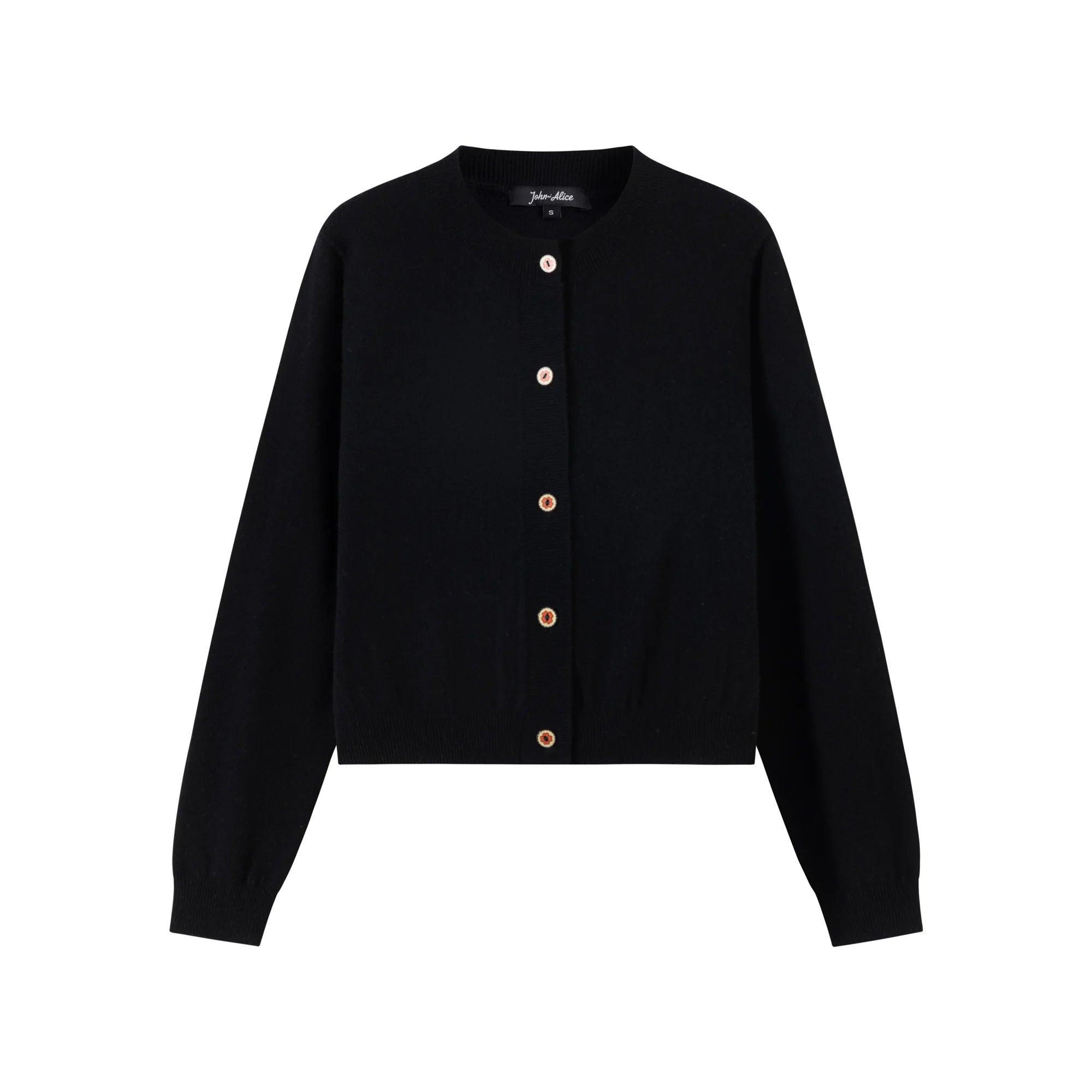 Front flat view of a black cashmere and wool blend cardigan with a round neckline and wood buttons.