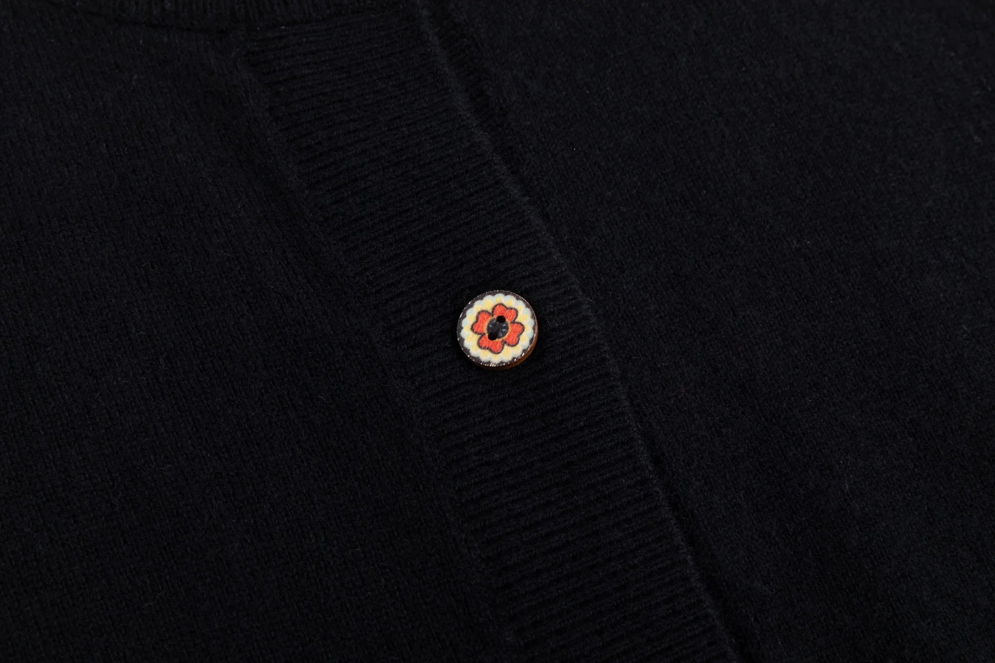 Close-up of the wood button on the black cardigan.