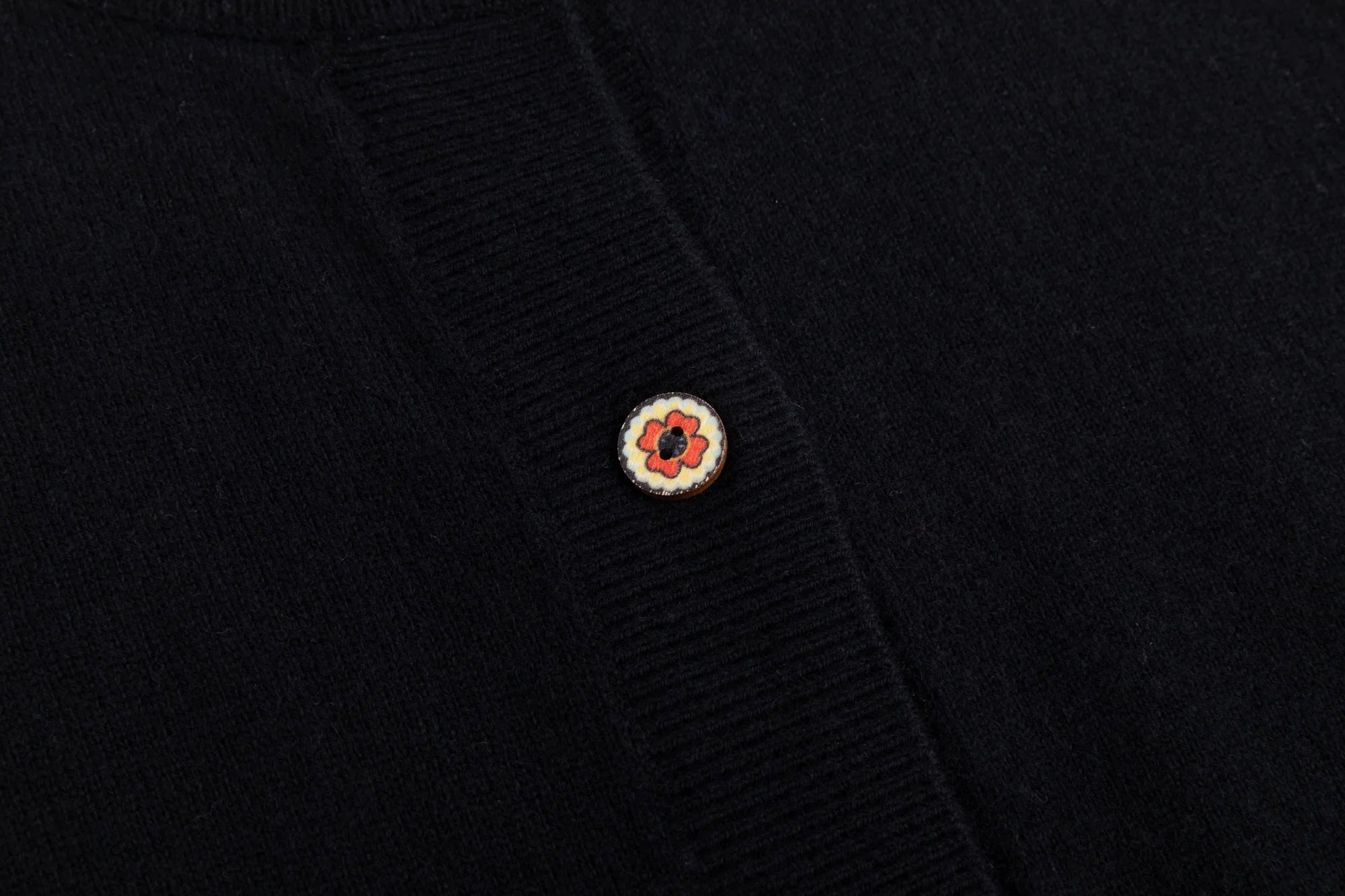 Close-up of the wood button on the black cardigan.