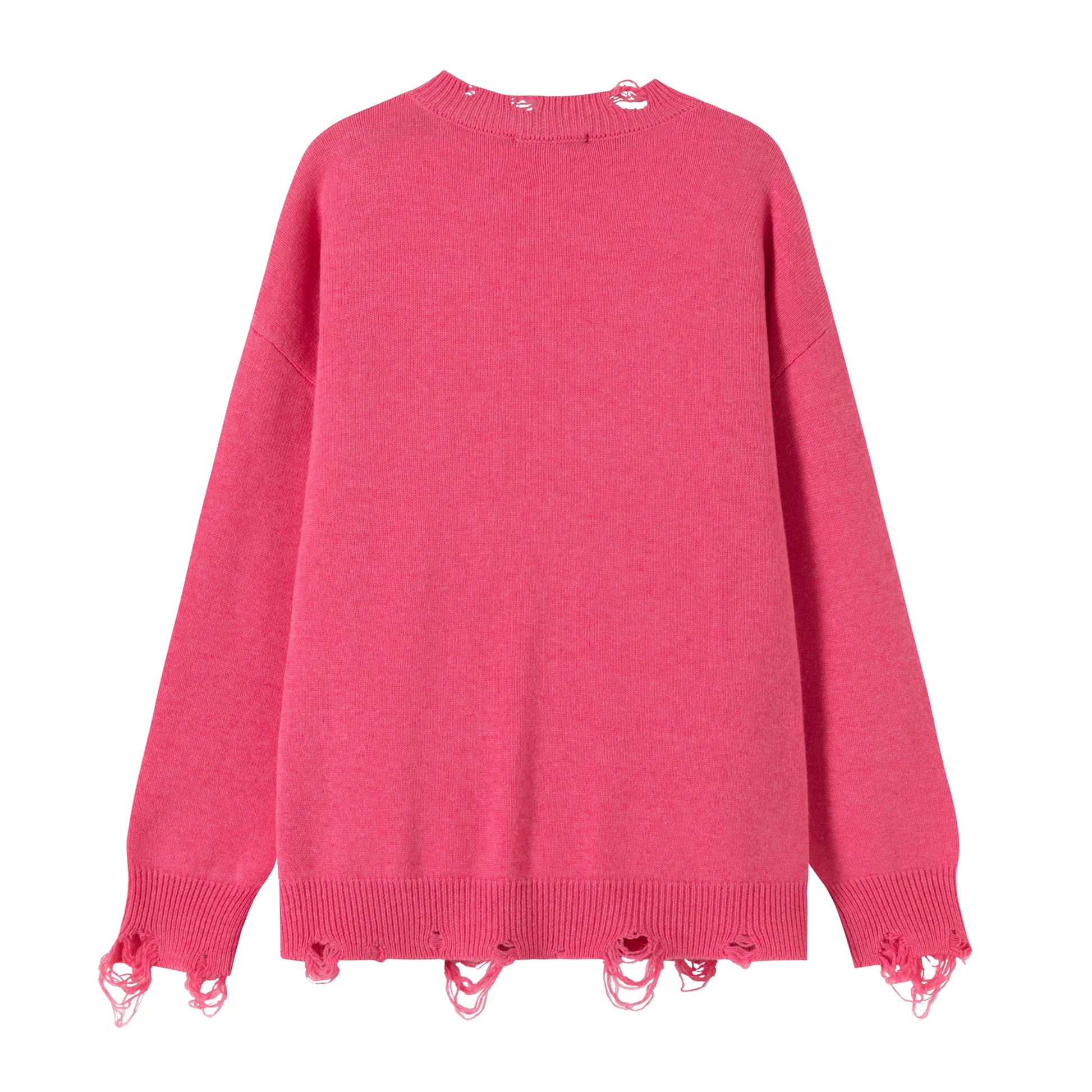 Back flat view of a pink merino wool jumper with distressed ribbed trims and a dropped-shoulder silhouette.