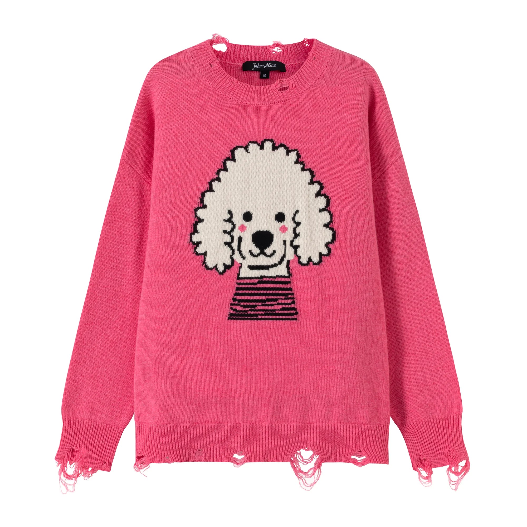 Front flat view of a pink merino wool jumper with a teddy dog jacquard on the front and distressed ribbed trims.