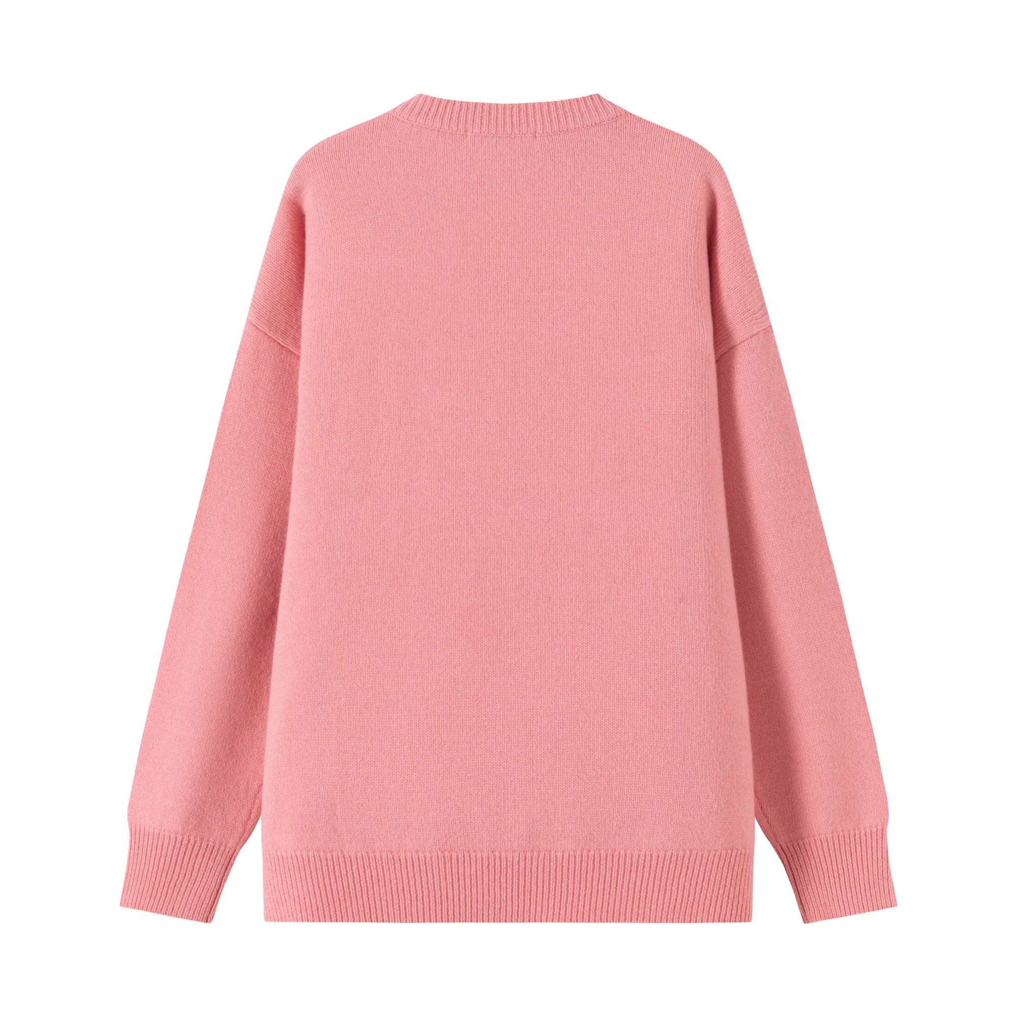 Back flat view of a pink merino wool jumper with a dropped-shoulder silhouette.