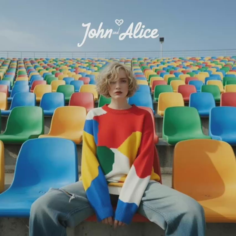 John and Alice brand campaign video titled "Bring Color Back", showcasing playful knitwear with bold retro colors, artistic motifs, and modern styling. Fashion film highlighting expressive sweaters, outdoor lifestyle scenes, and the brand’s creative spirit.