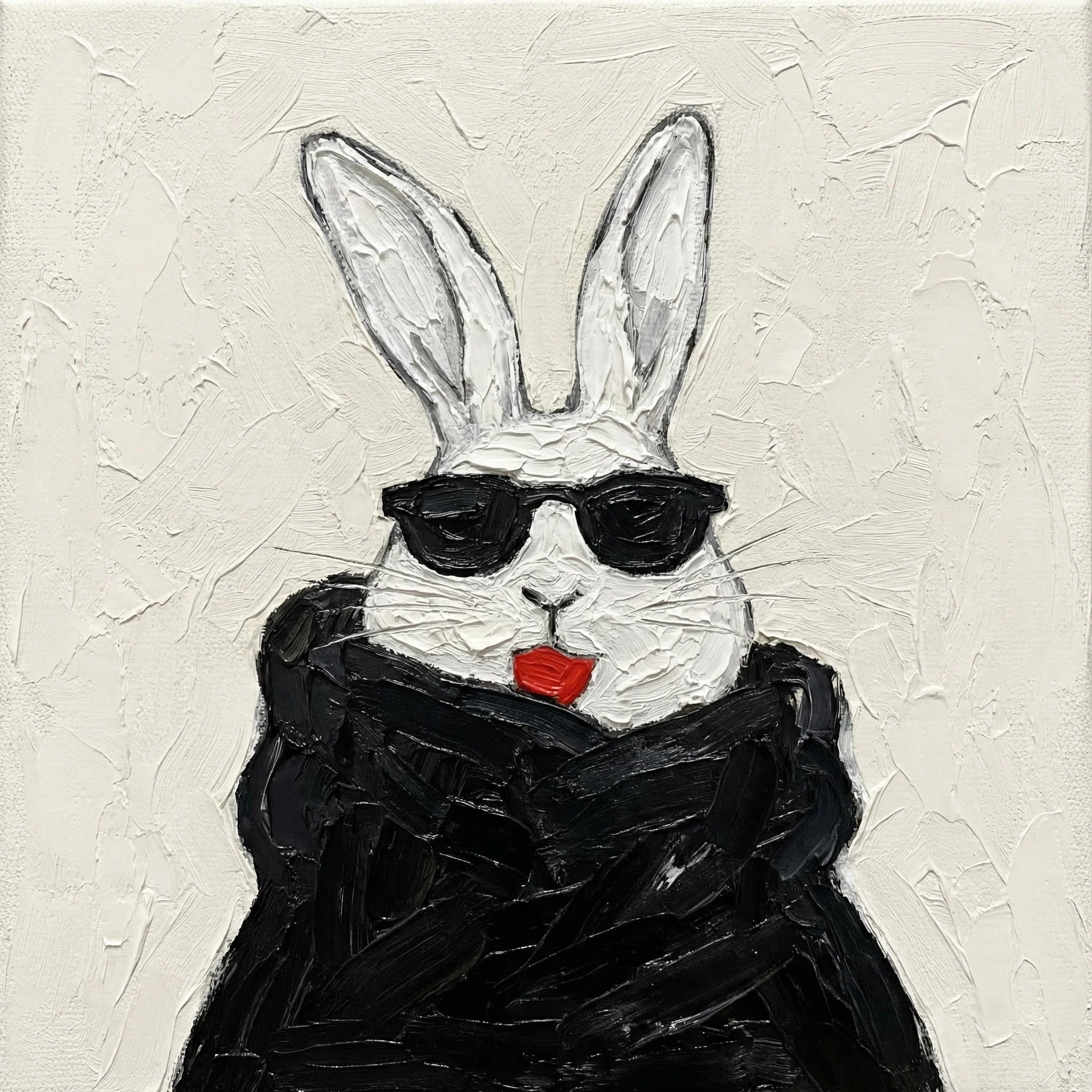 White rabbit portrait wearing dark sunglasses and a black coat on a light background